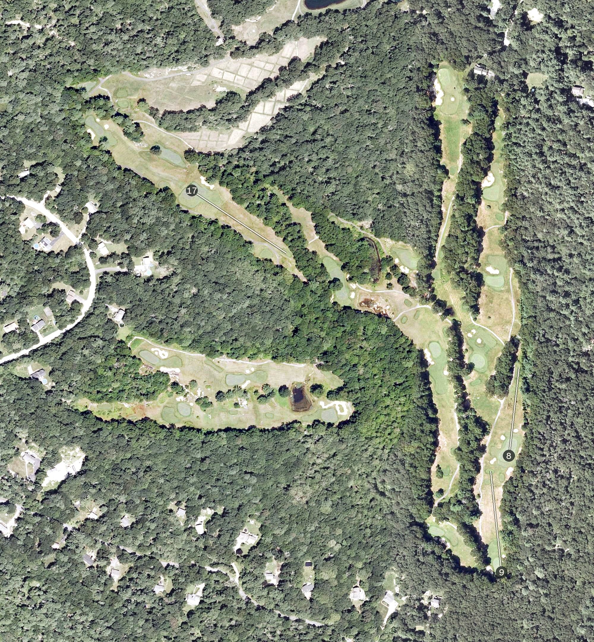 Aerial view of The Preserve Golf Course, RI, with its hole routing marked