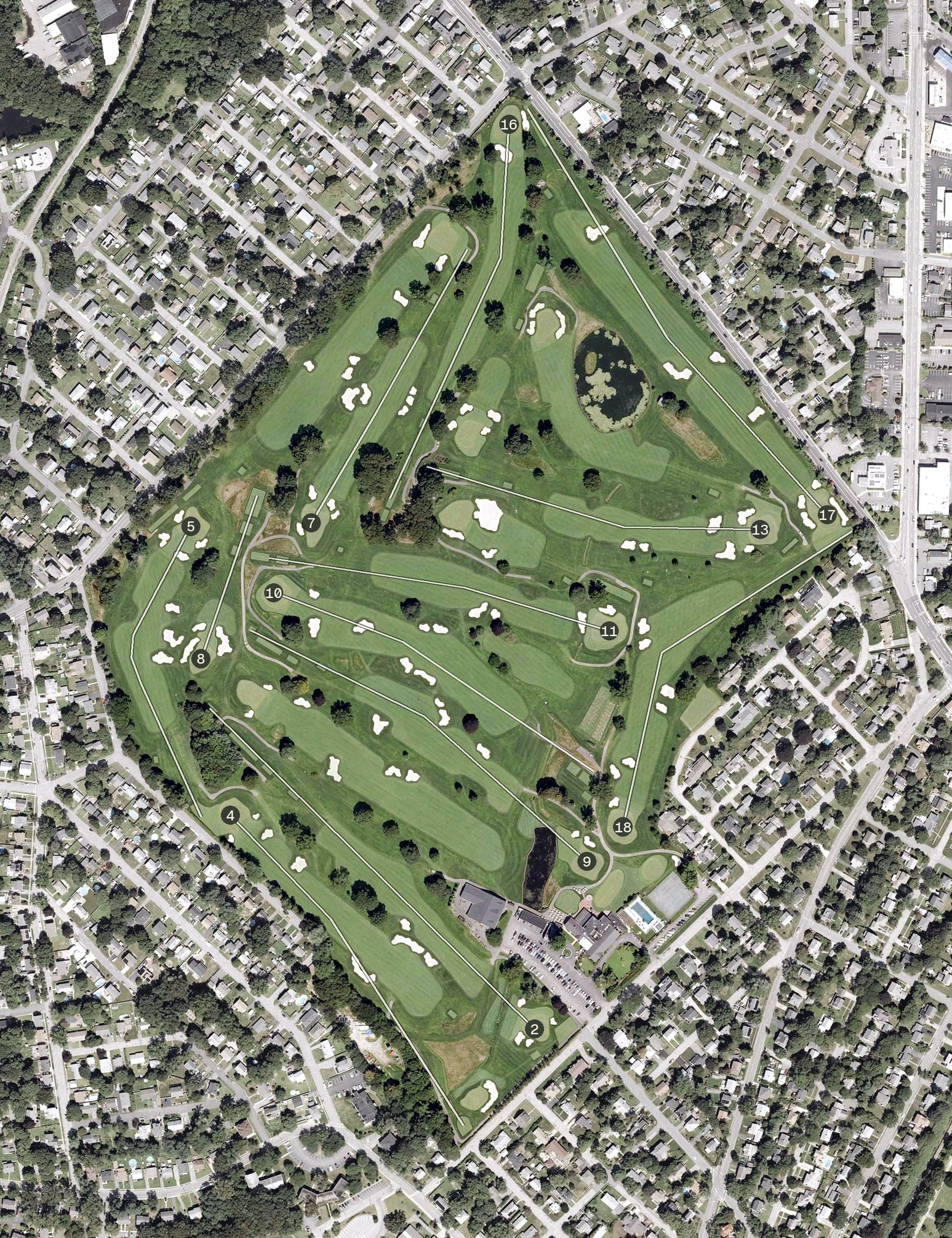 Aerial view of Wannamoisett Country Club, RI, with its hole routing marked