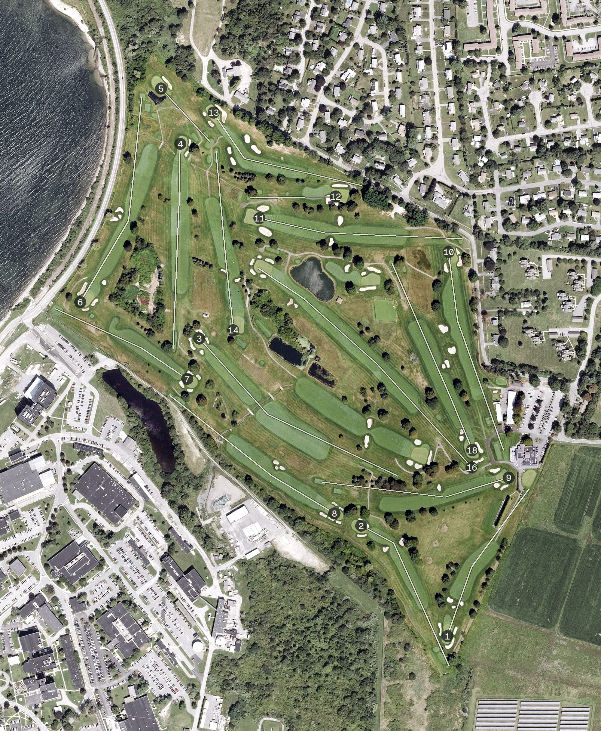 Aerial view of Wanumetonomy Golf and Country Club, RI, with its hole routing marked
