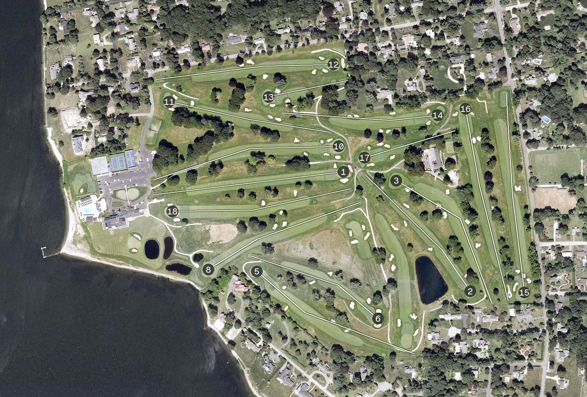 Aerial view of Warwick Country Club, RI, with its hole routing marked