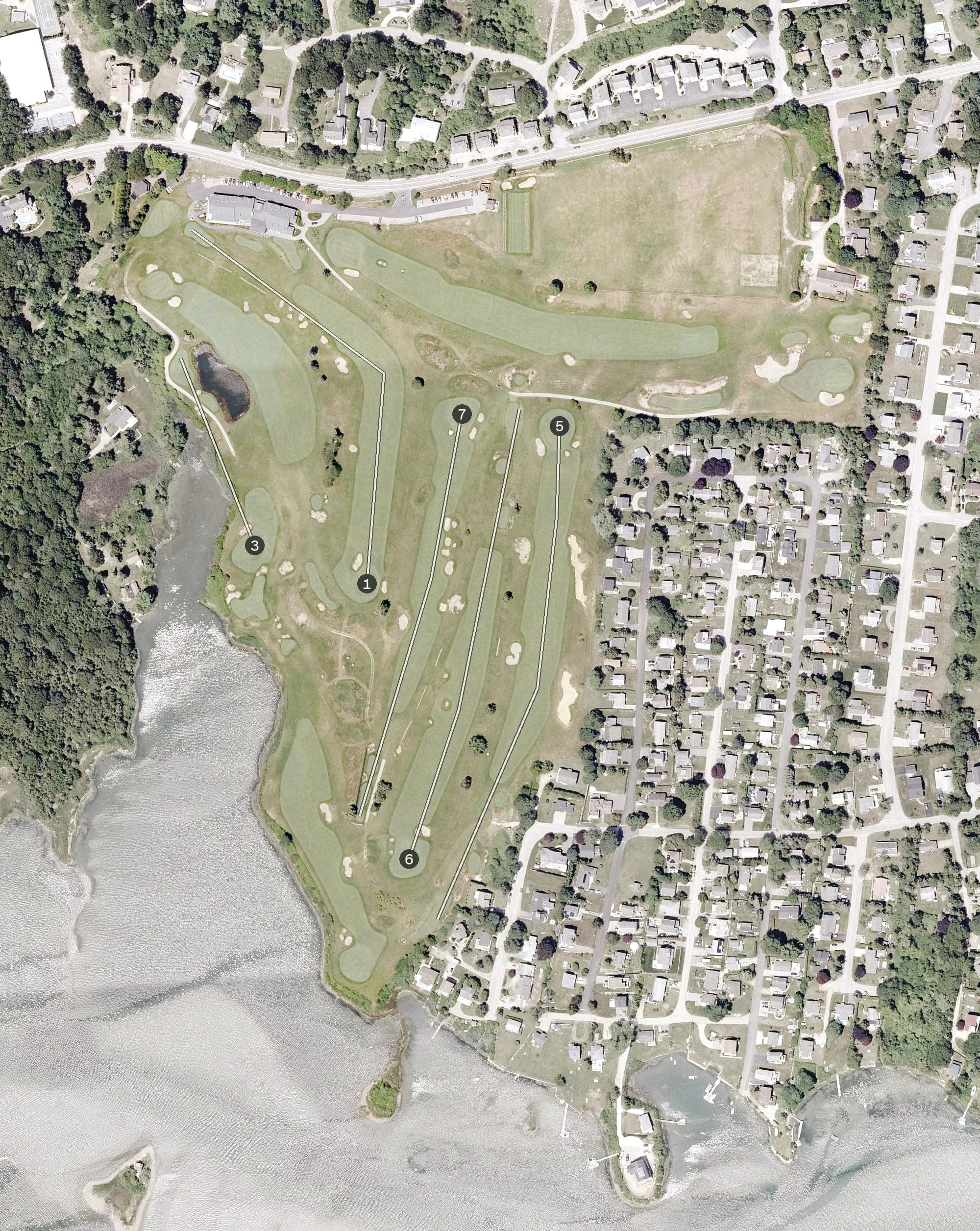 Aerial view of Weekapaug Golf Club, RI, with its hole routing marked