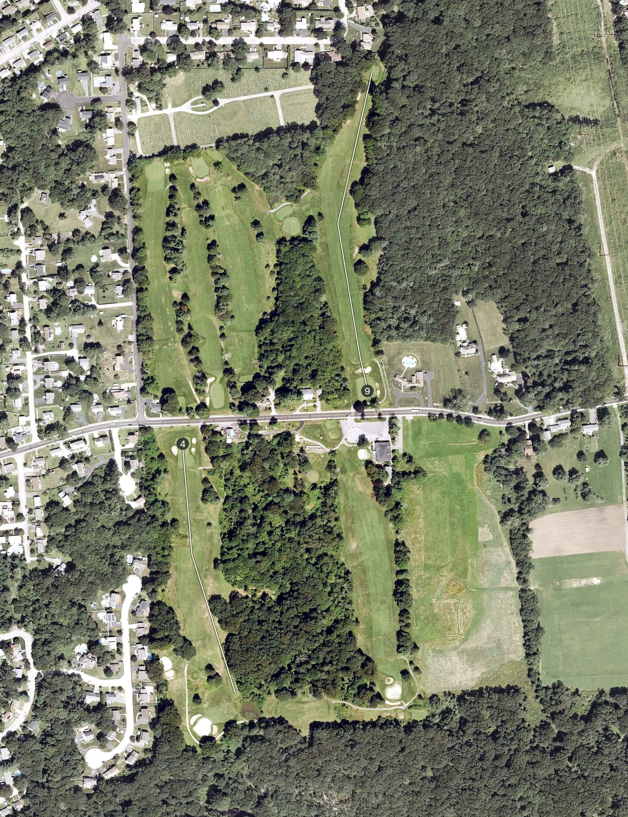 Aerial view of West Warwick Country Club, RI, with its hole routing marked
