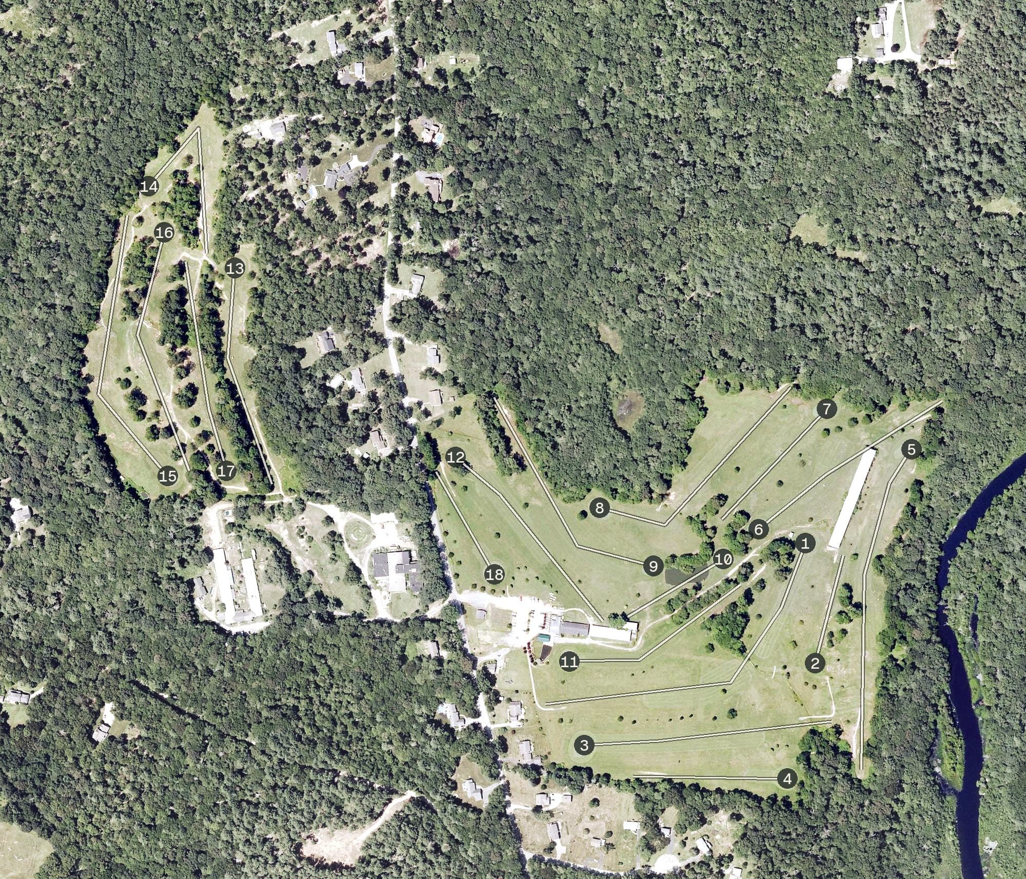 Aerial view of Wood River Golf, RI, with its hole routing marked