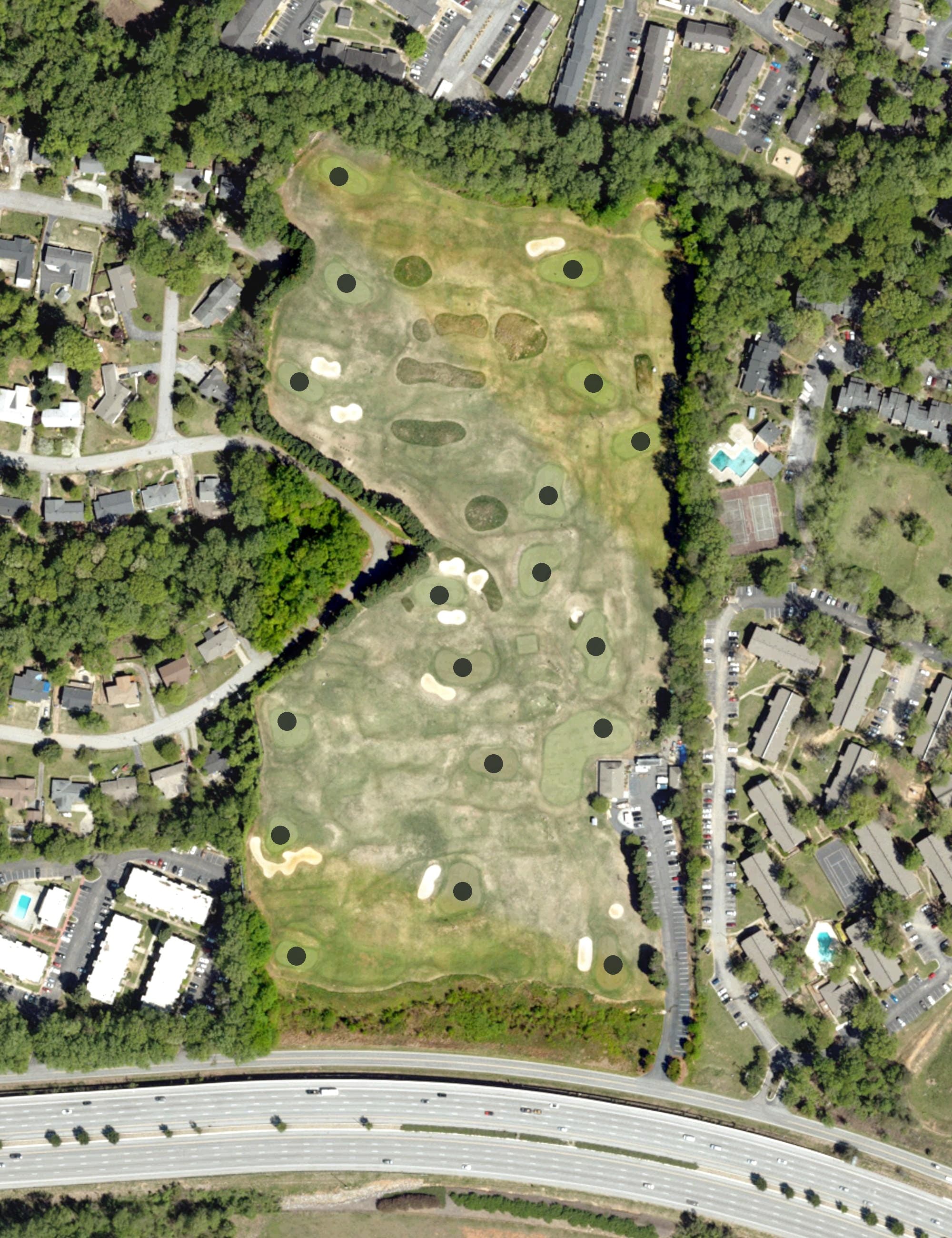 Aerial view of 3's Greenville Golf & Gril, SC, with its hole routing marked