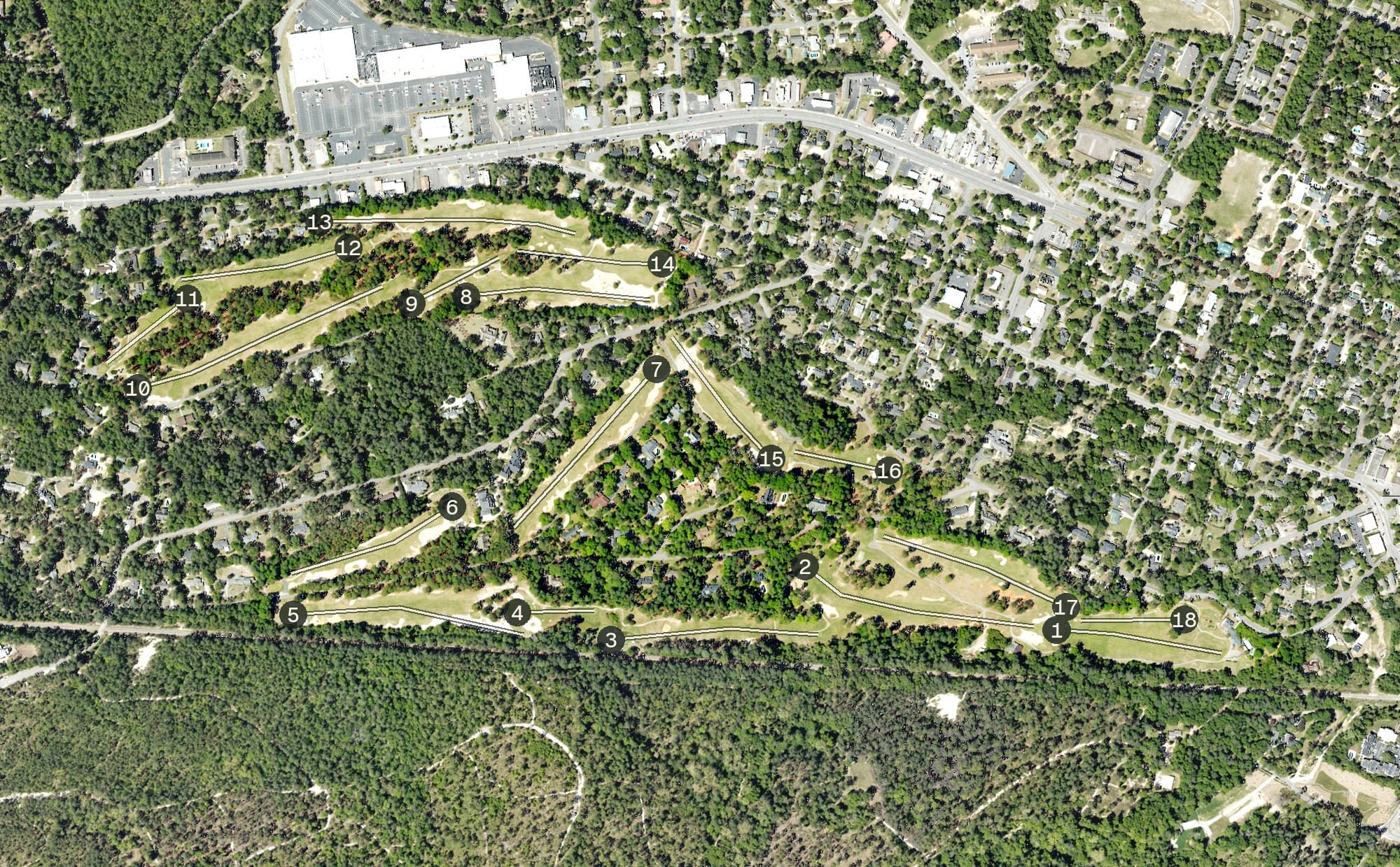 Aerial view of Aiken Golf Club, SC, with its hole routing marked