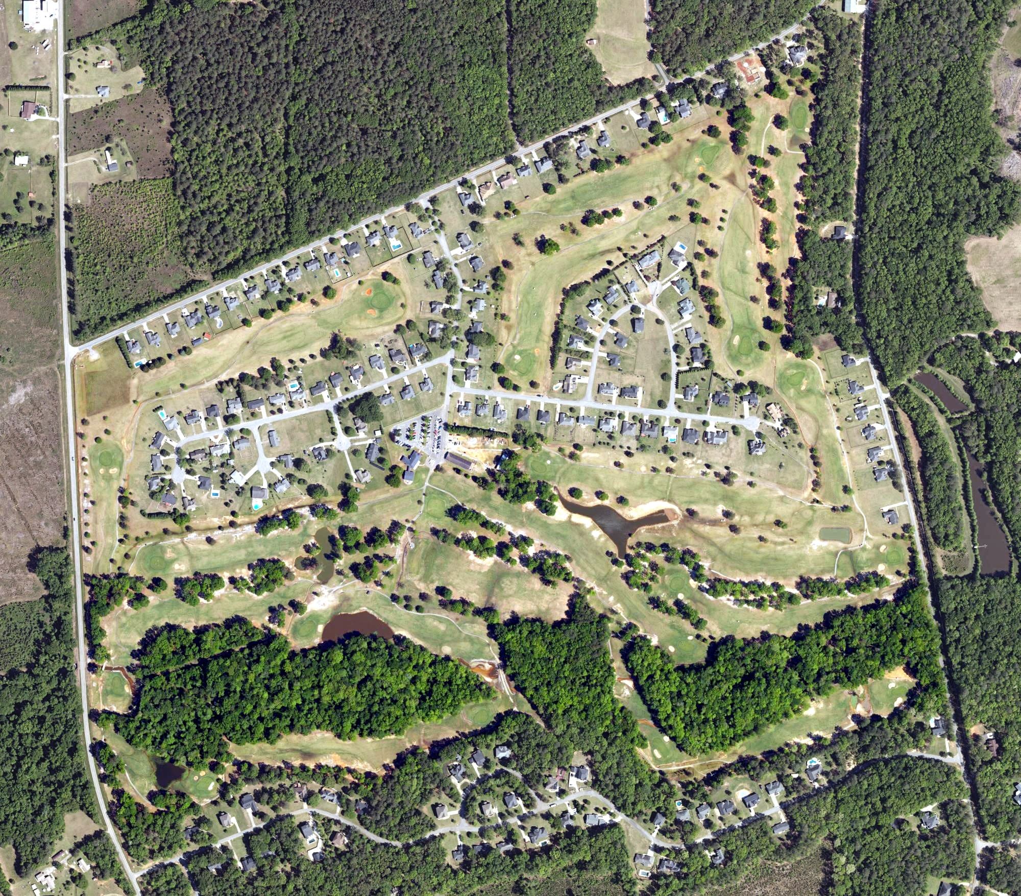 Aerial view of Beech Creek Golf Club, SC, with its hole routing marked