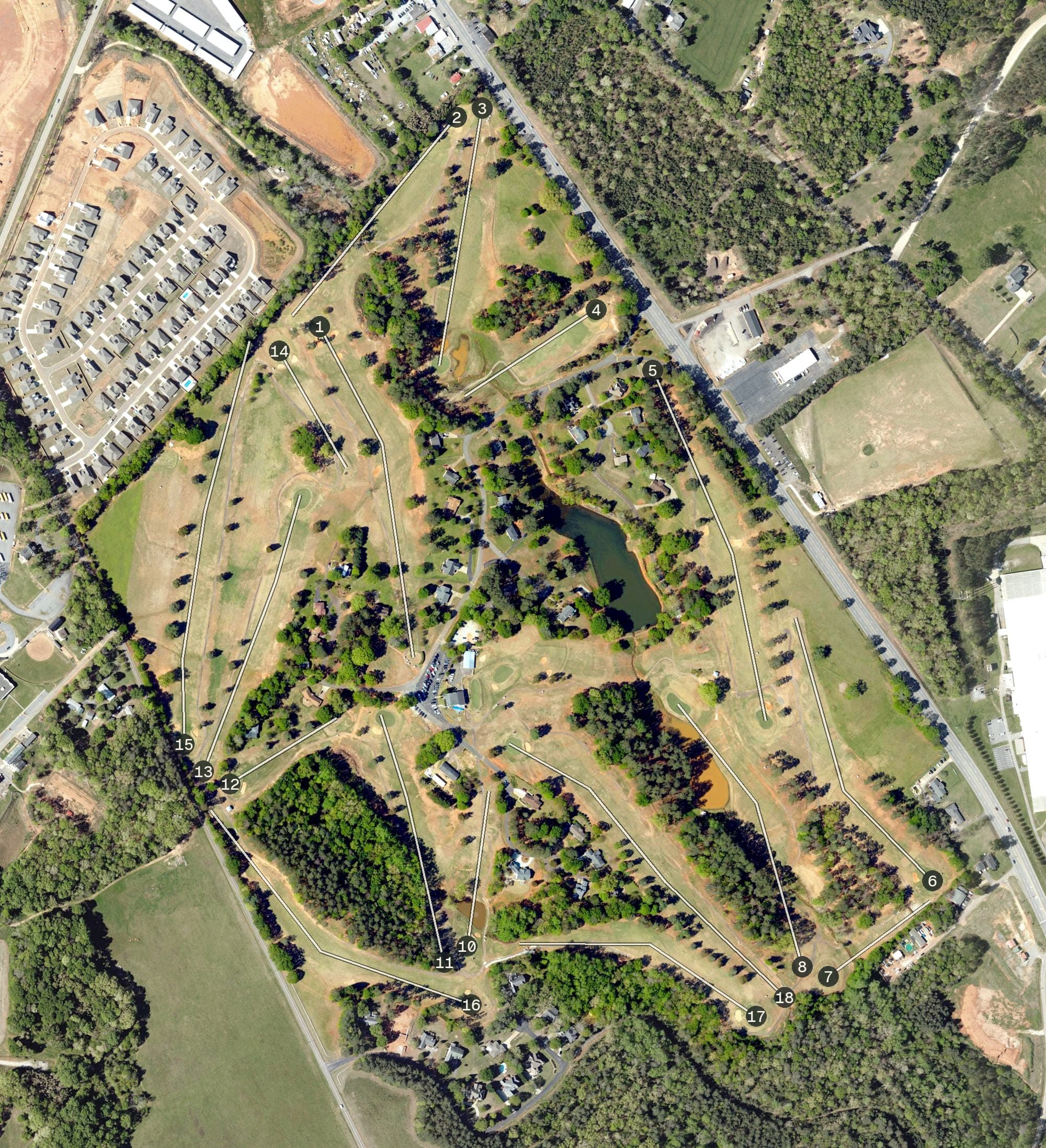 Aerial view of Boscobel Golf Club, SC, with its hole routing marked