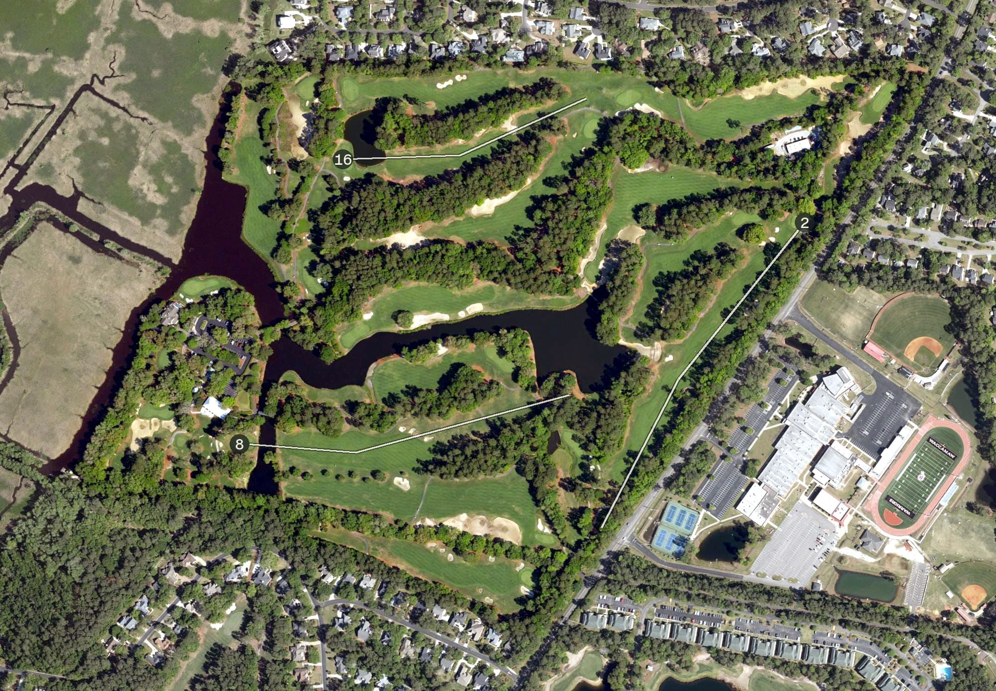 Aerial view of Caledonia Golf & Fish Club, SC, with its hole routing marked