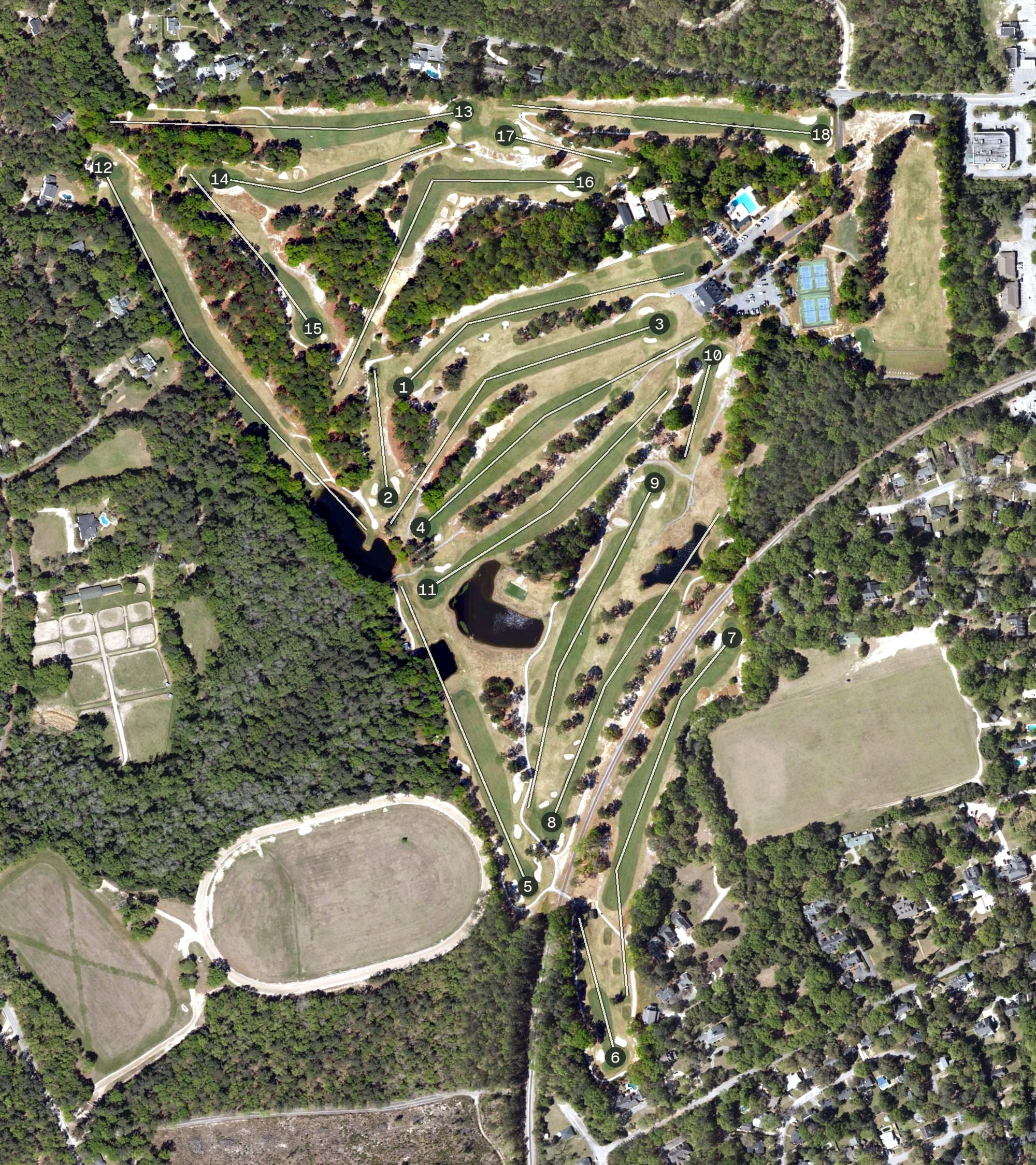 Aerial view of Camden Country Club, SC, with its hole routing marked