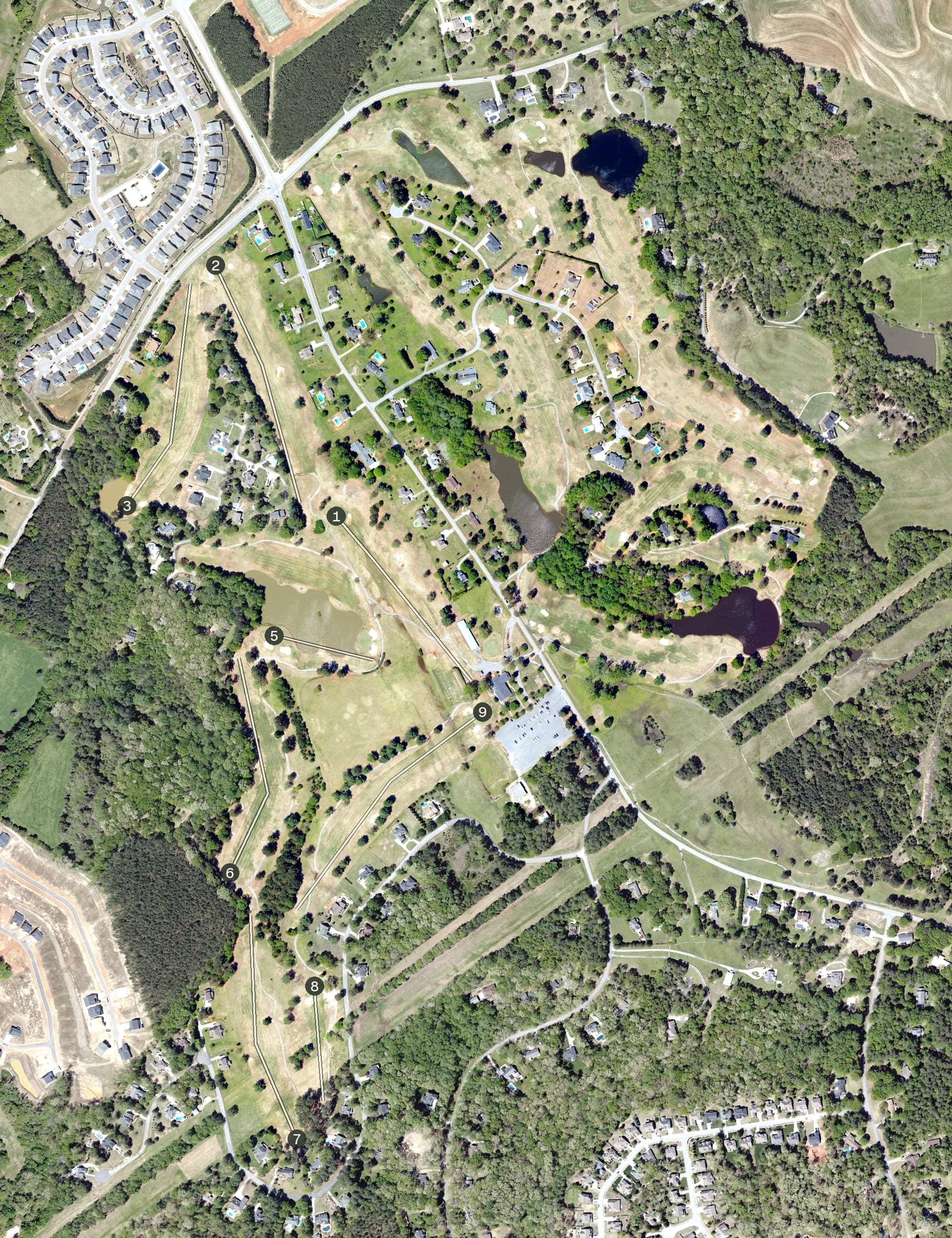 Aerial view of Carolina Springs Golf Club, SC, with its hole routing marked