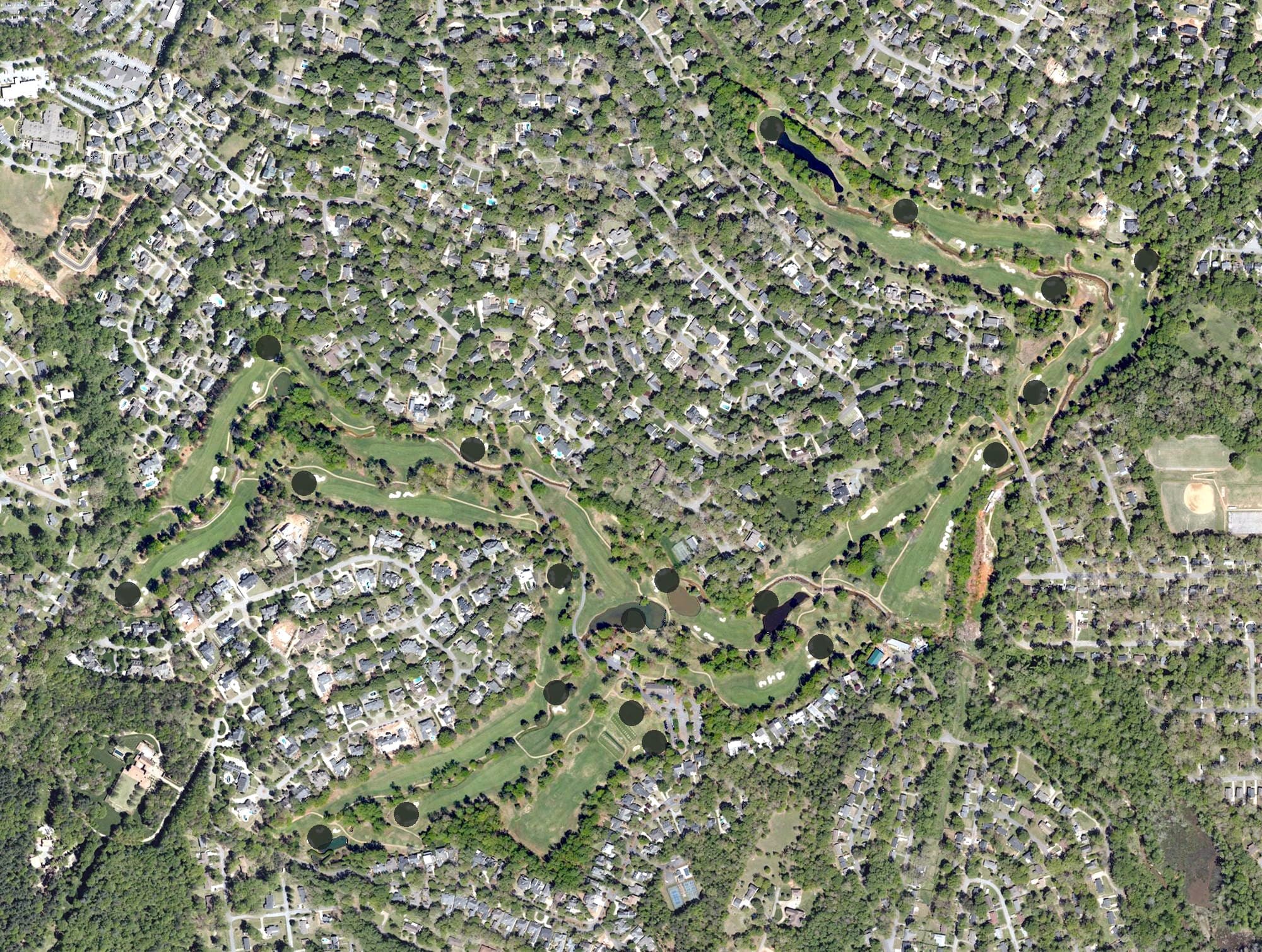 Aerial view of Chanticleer Golf Course, SC, with its hole routing marked