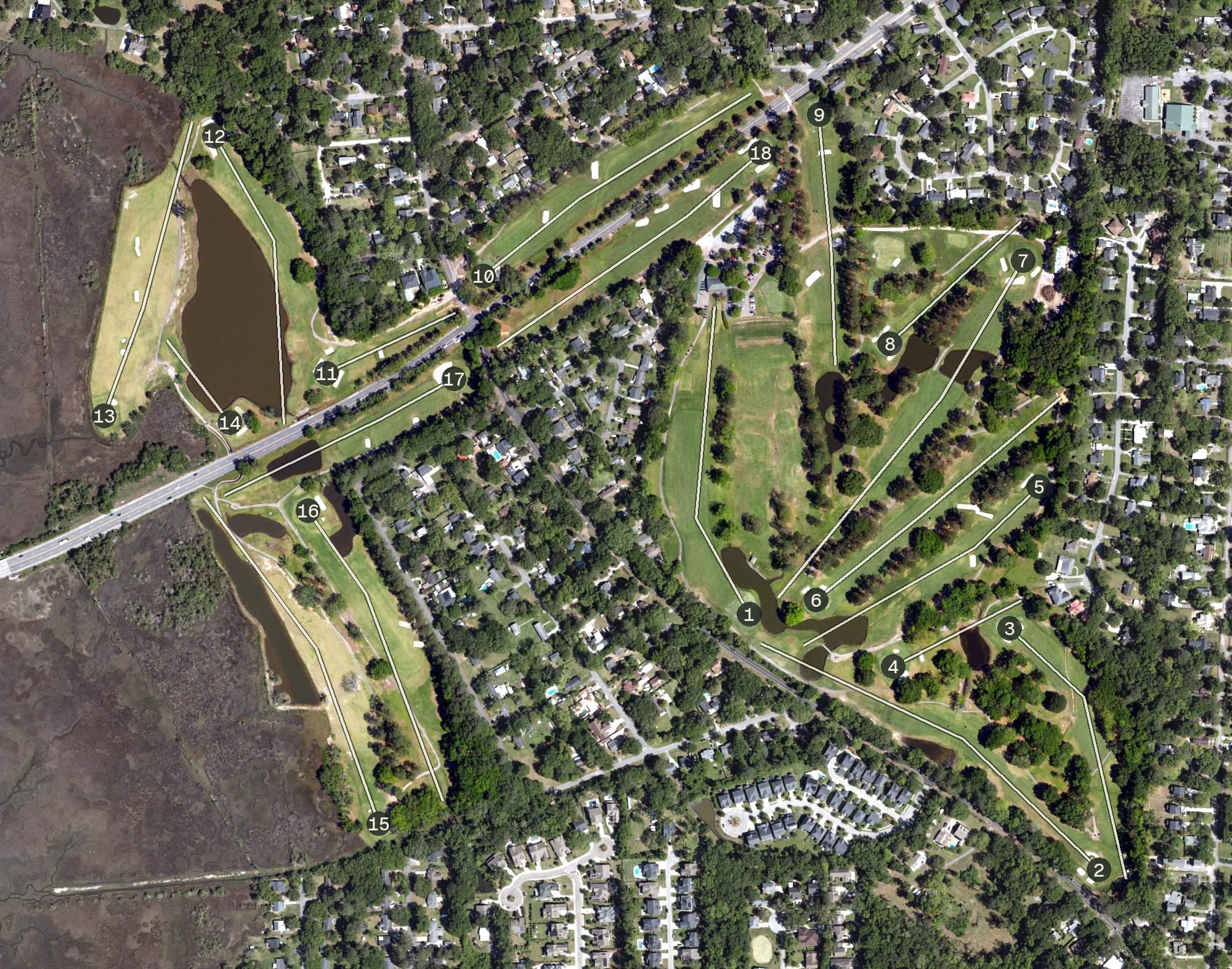 Aerial view of Charleston Municipal Golf Course, SC, with its hole routing marked