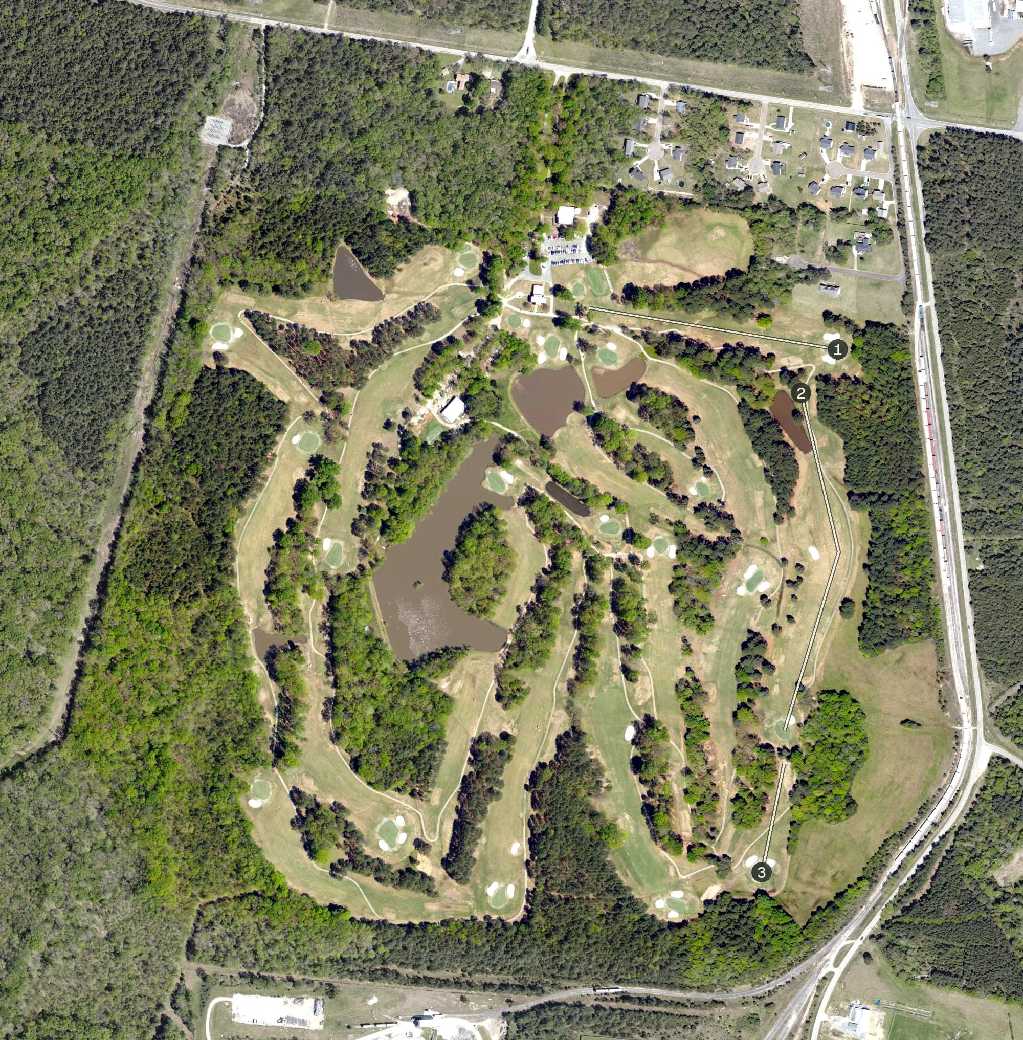 Aerial view of Chester Golf Club, SC, with its hole routing marked