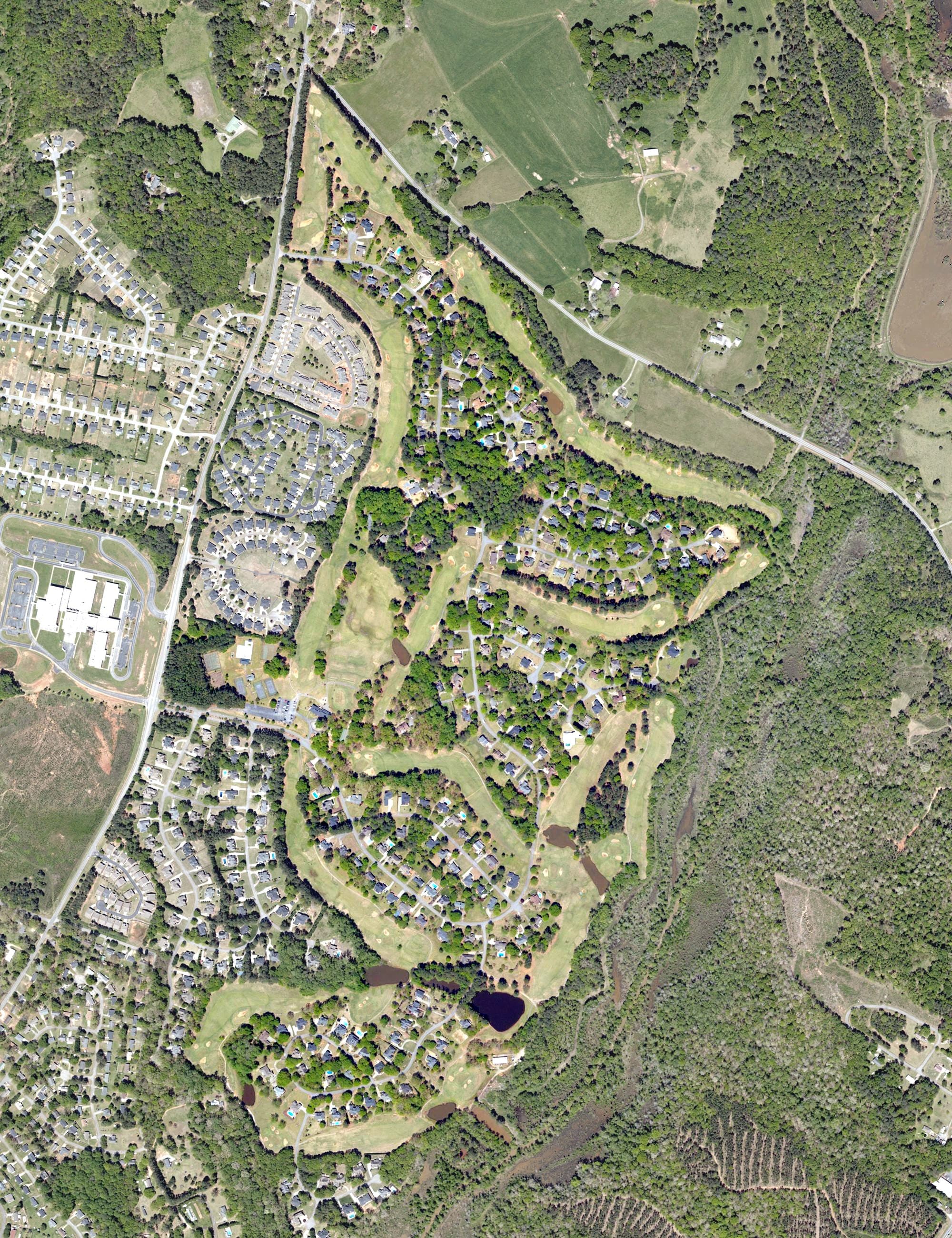 Aerial view of Cobbs Glen Country Club, SC, with its hole routing marked