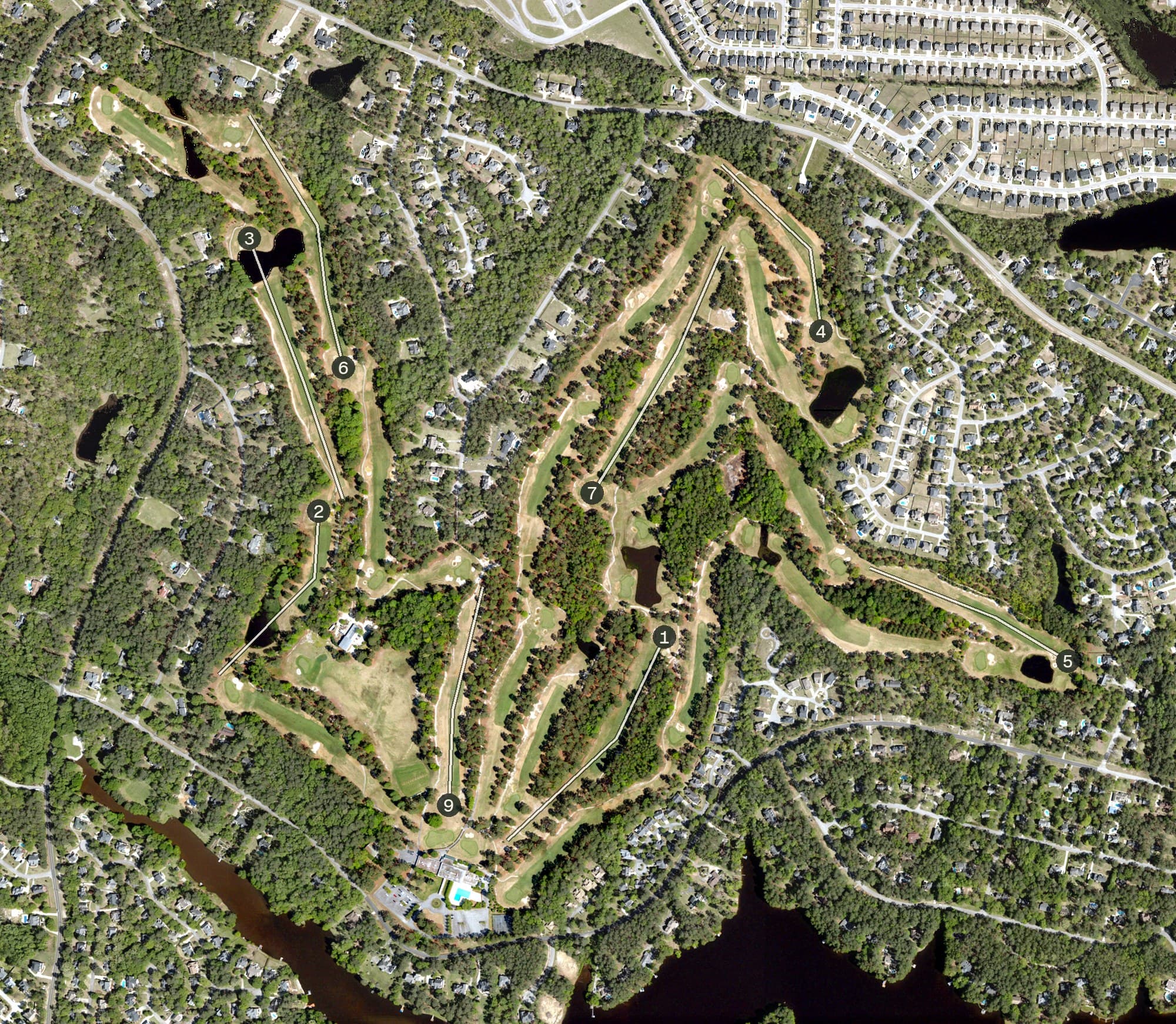 Aerial view of Columbia Country Club, SC, with its hole routing marked