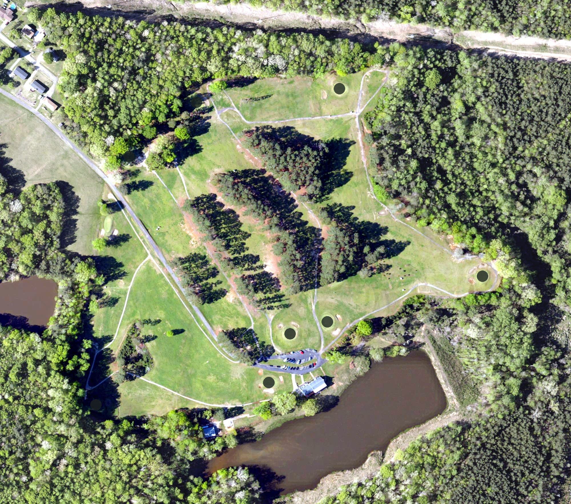 Aerial view of Country Club of Gaffney, SC, with its hole routing marked
