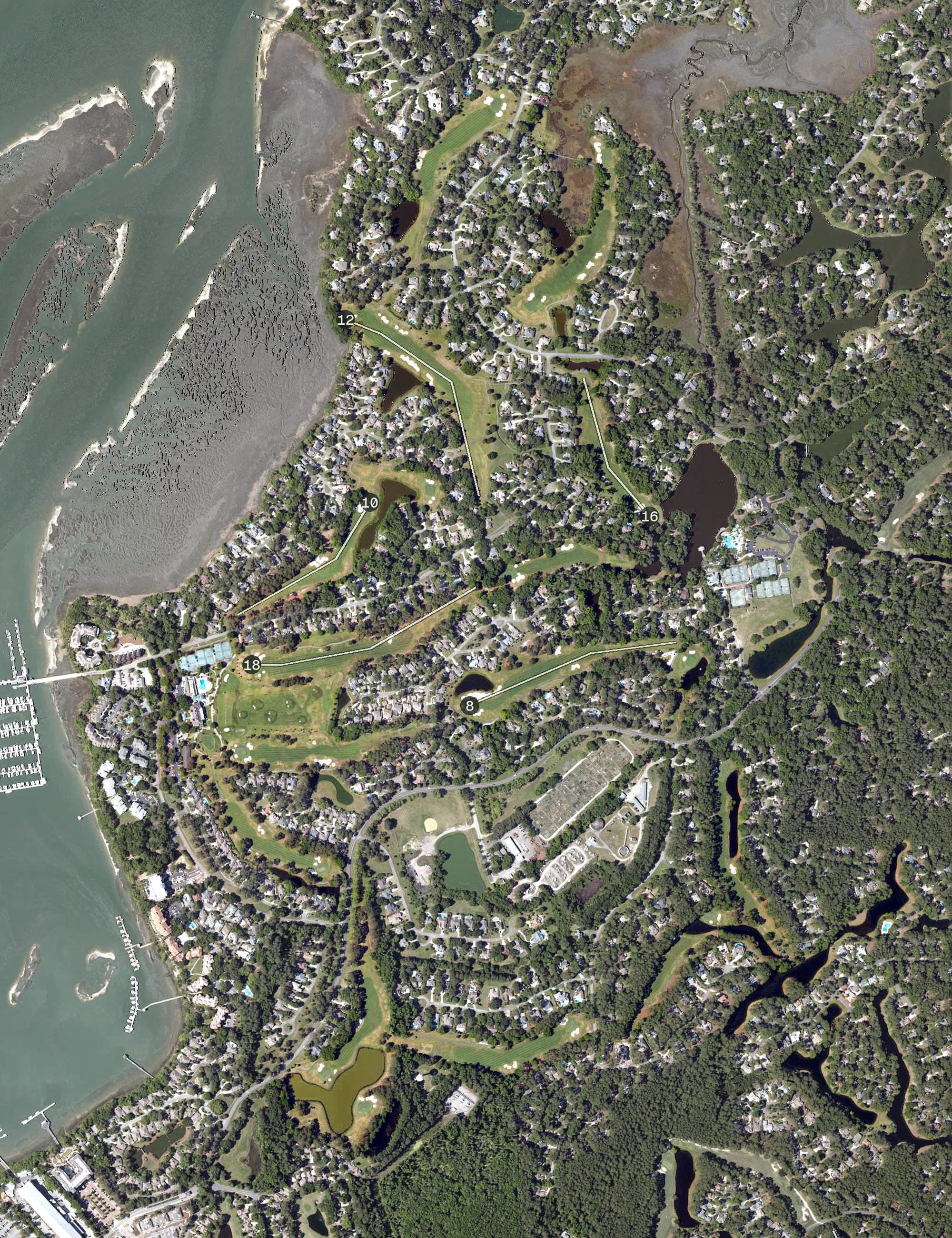 Aerial view of Country Club of Hilton Head, SC, with its hole routing marked