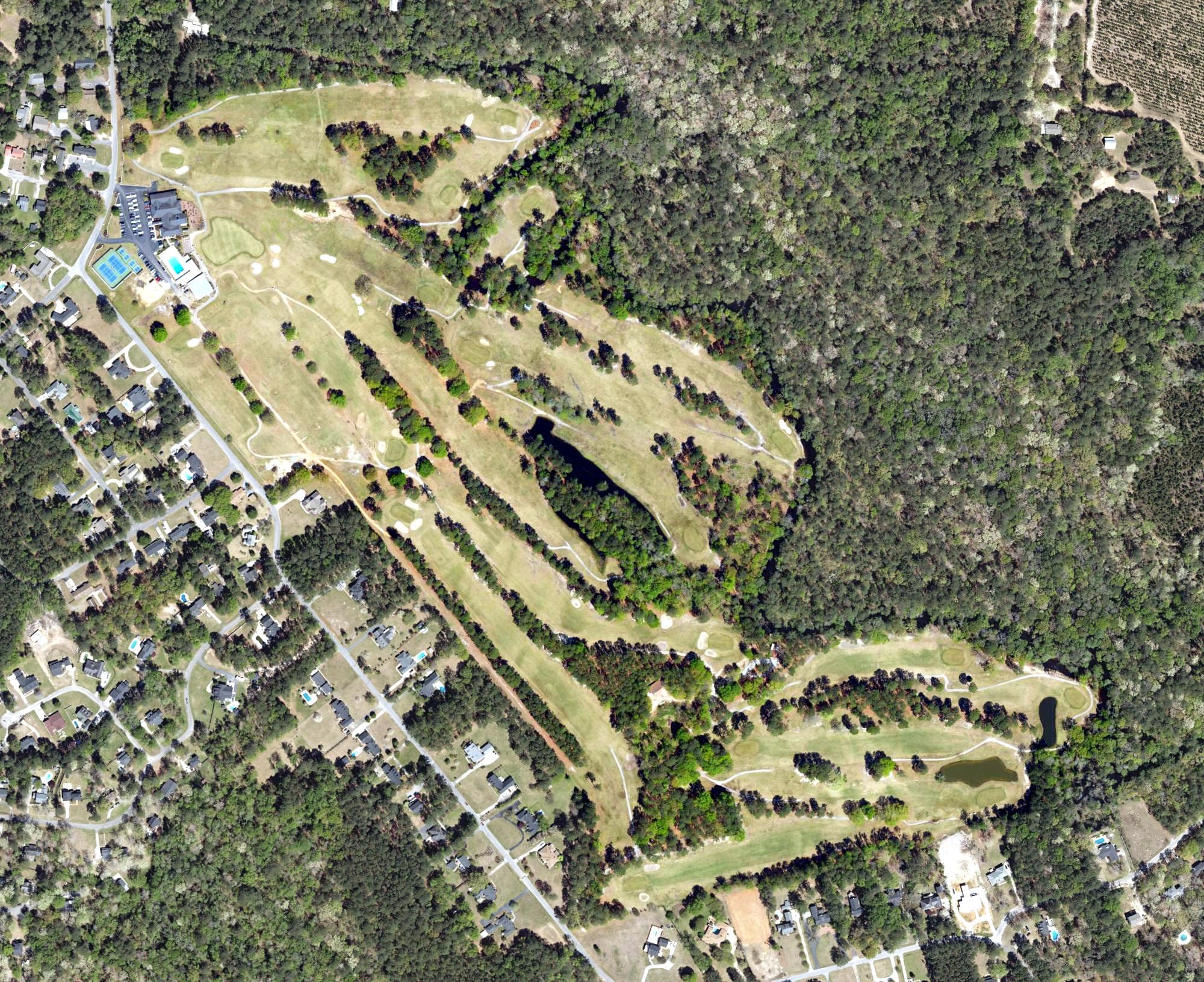 Aerial view of Darlington Country Club, SC, with its hole routing marked
