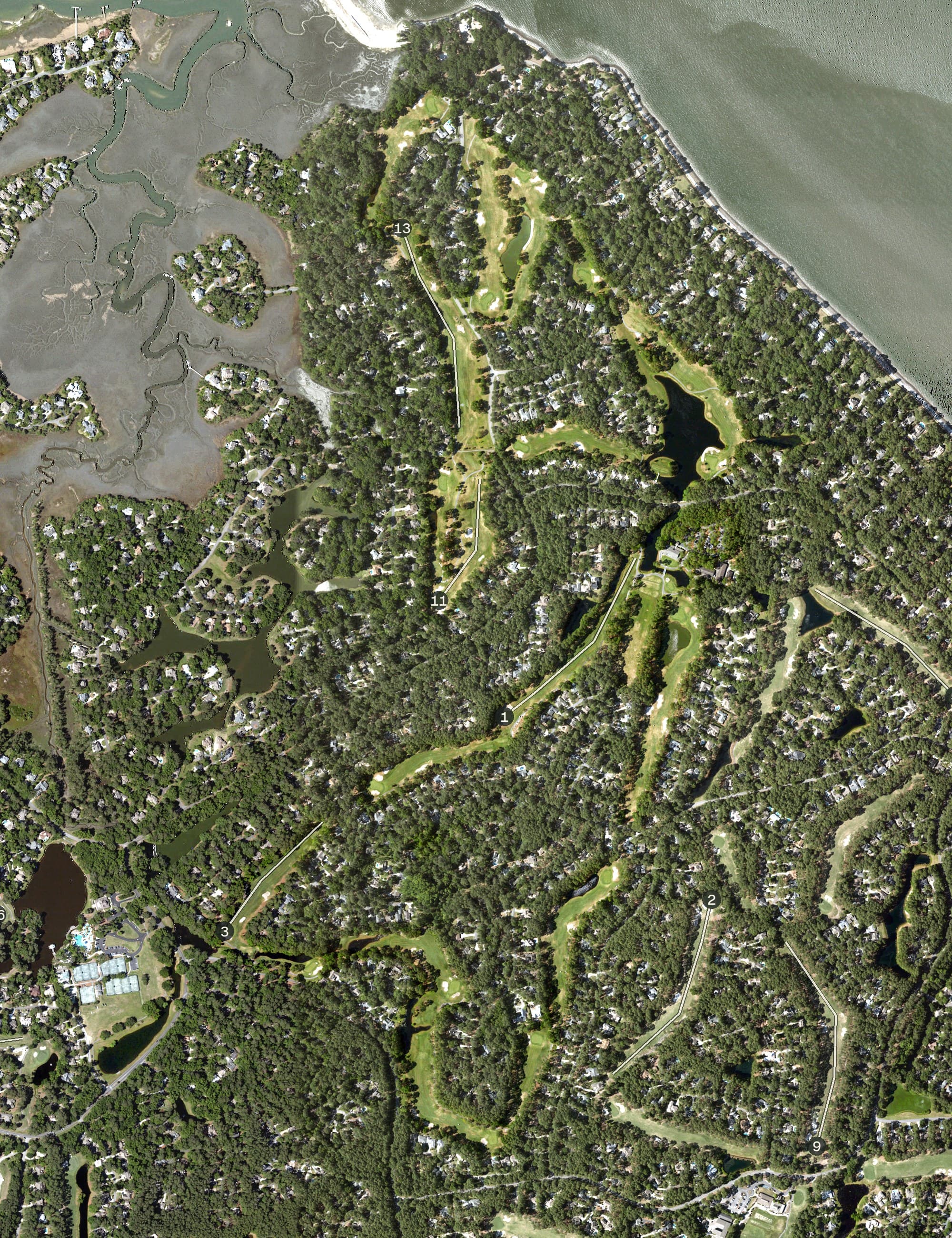 Aerial view of Dolphin Head Golf Club, SC, with its hole routing marked