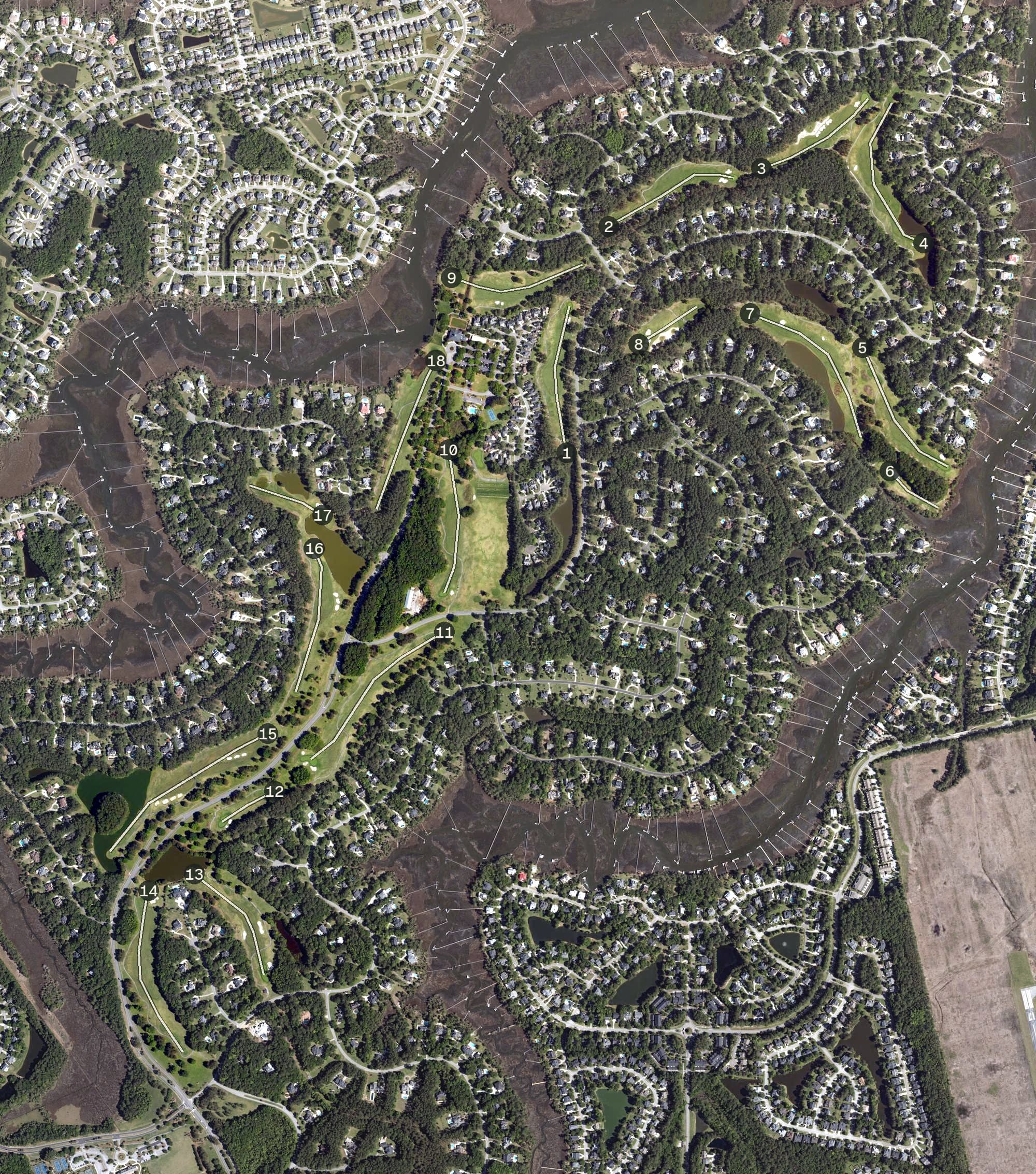Aerial view of Dunes West Golf Club, SC, with its hole routing marked