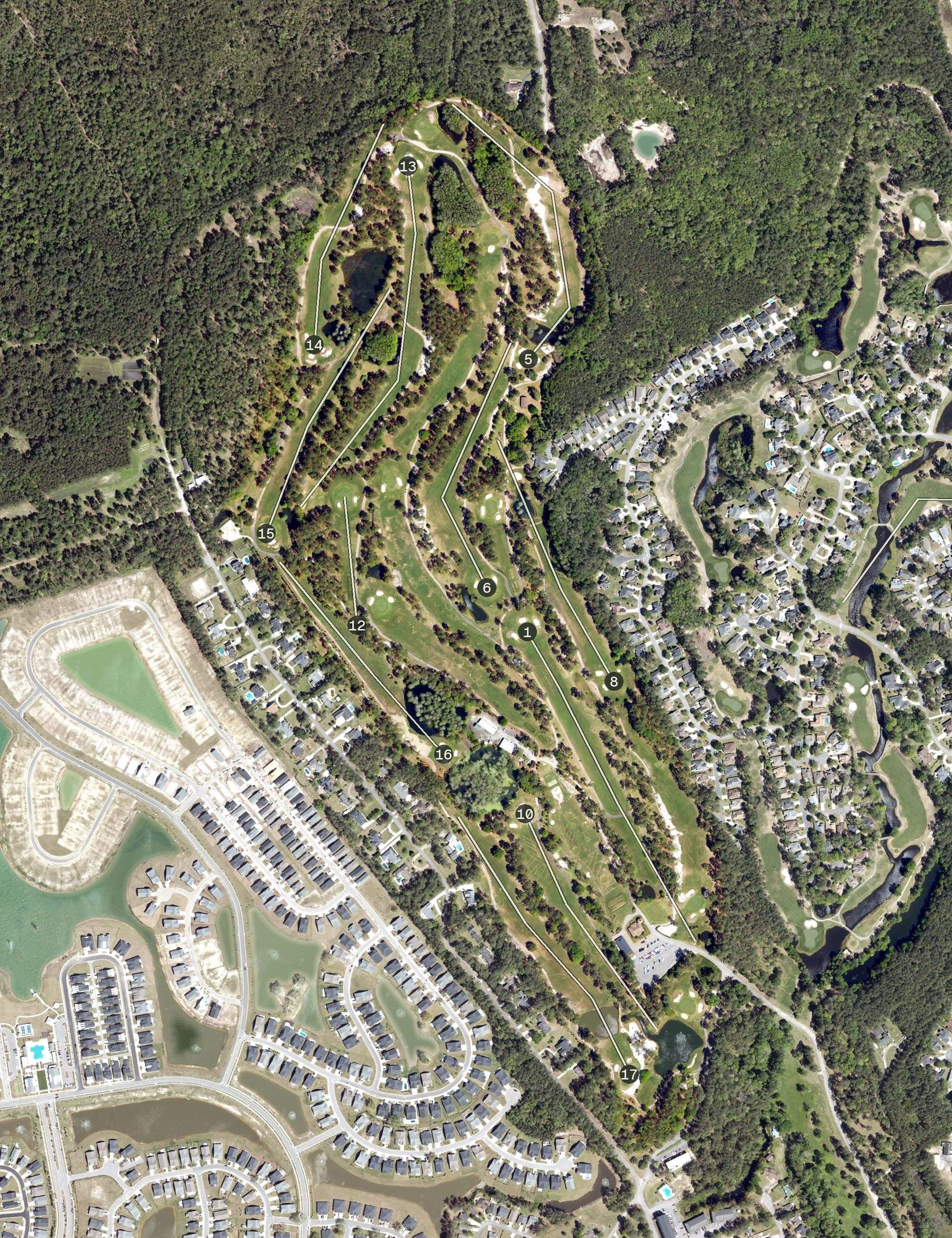 Aerial view of Eagle Nest Golf Club, SC, with its hole routing marked