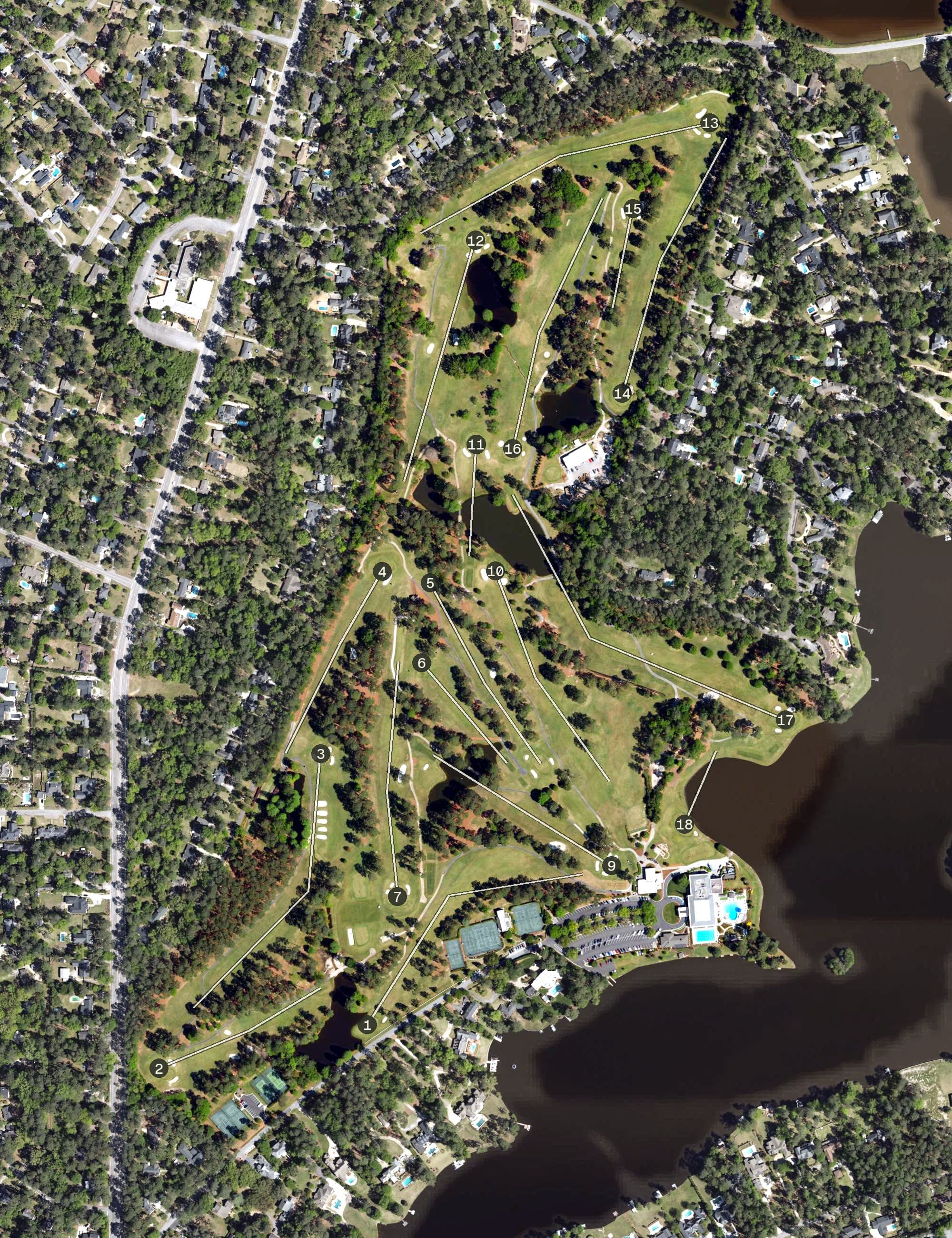 Aerial view of Forest Lake Club, SC, with its hole routing marked
