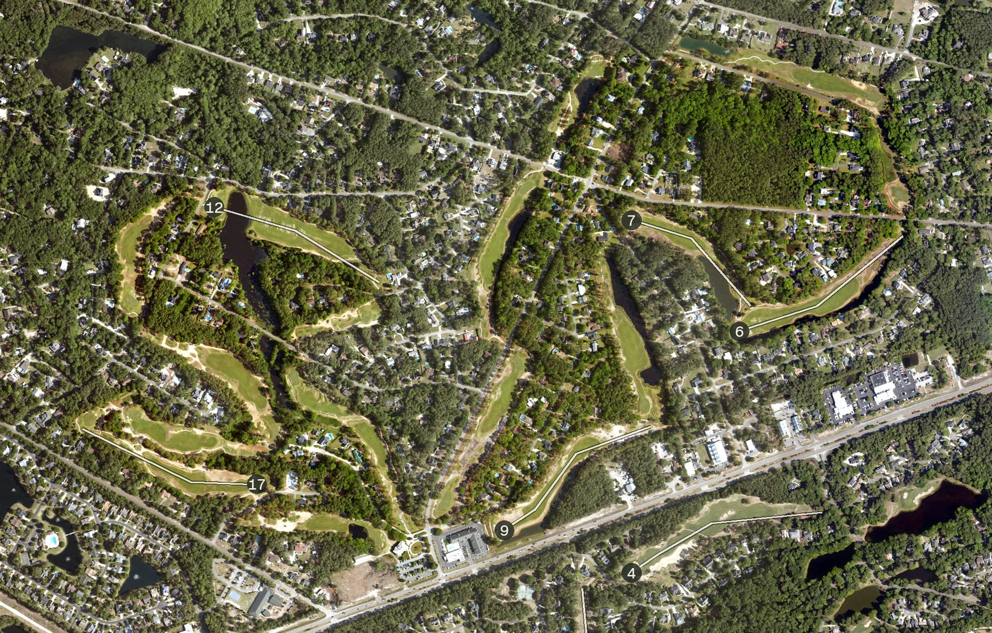Aerial view of Founders Club at Pawleys Island, SC, with its hole routing marked