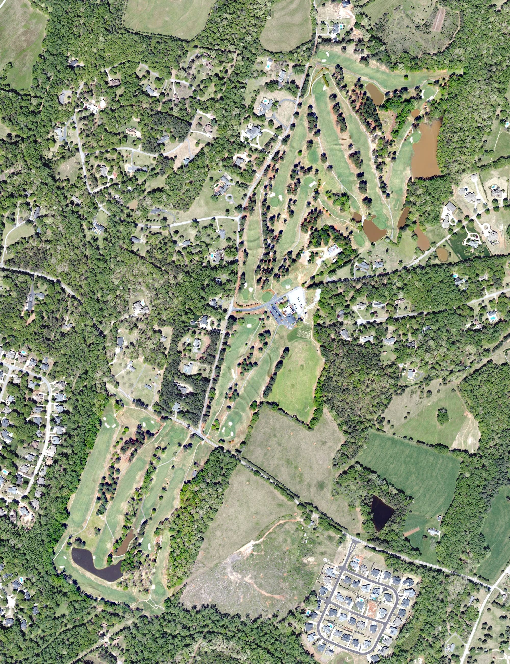 Aerial view of Fox Run Country Club, SC, with its hole routing marked