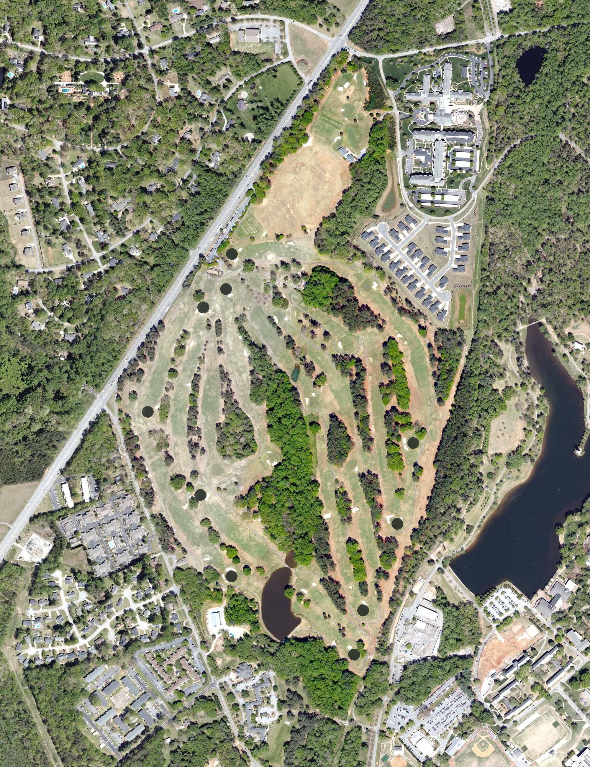 Aerial view of Furman University Golf Course, SC, with its hole routing marked