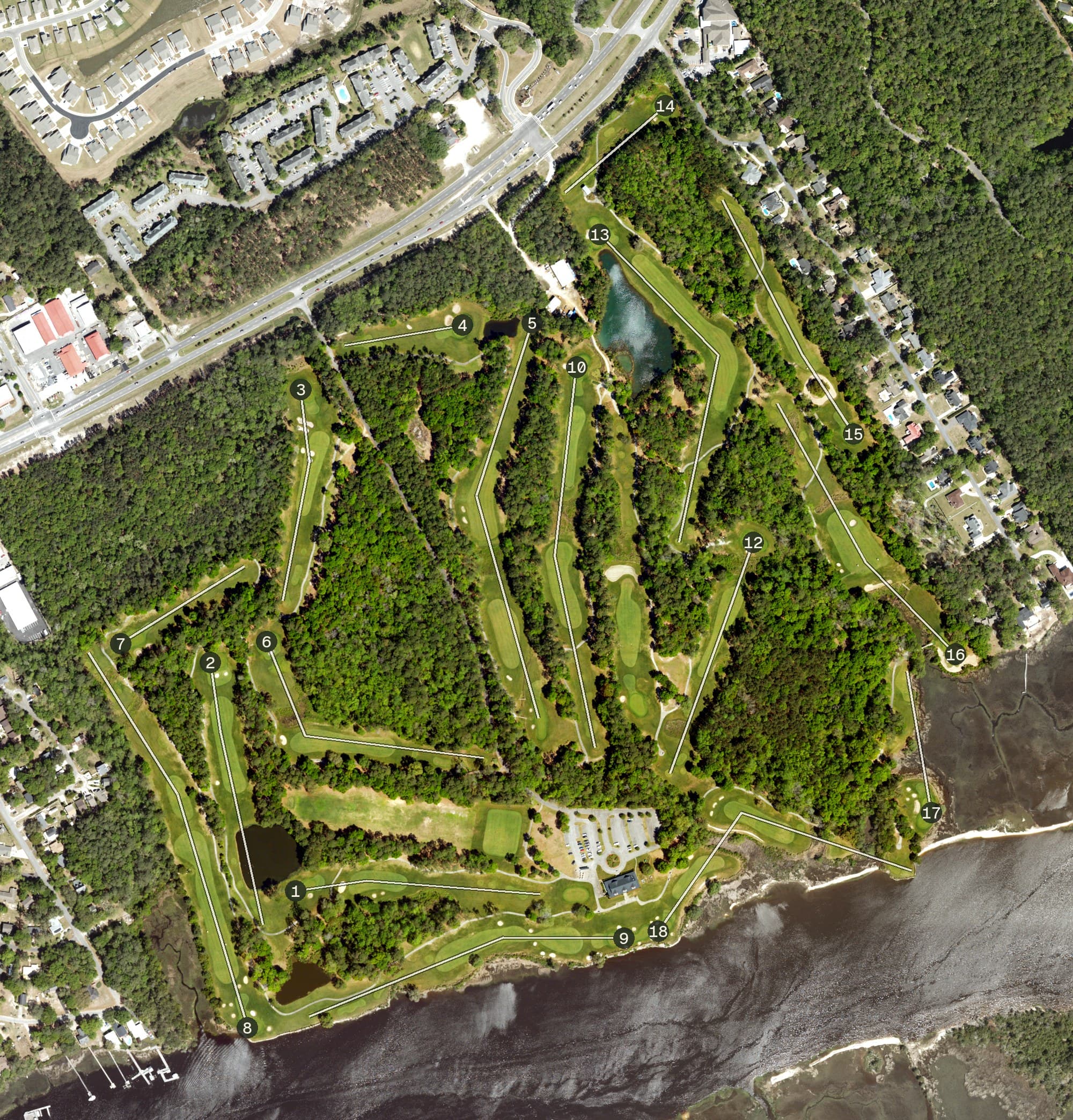 Aerial view of Glen Dornoch Waterway Golf Links, SC, with its hole routing marked