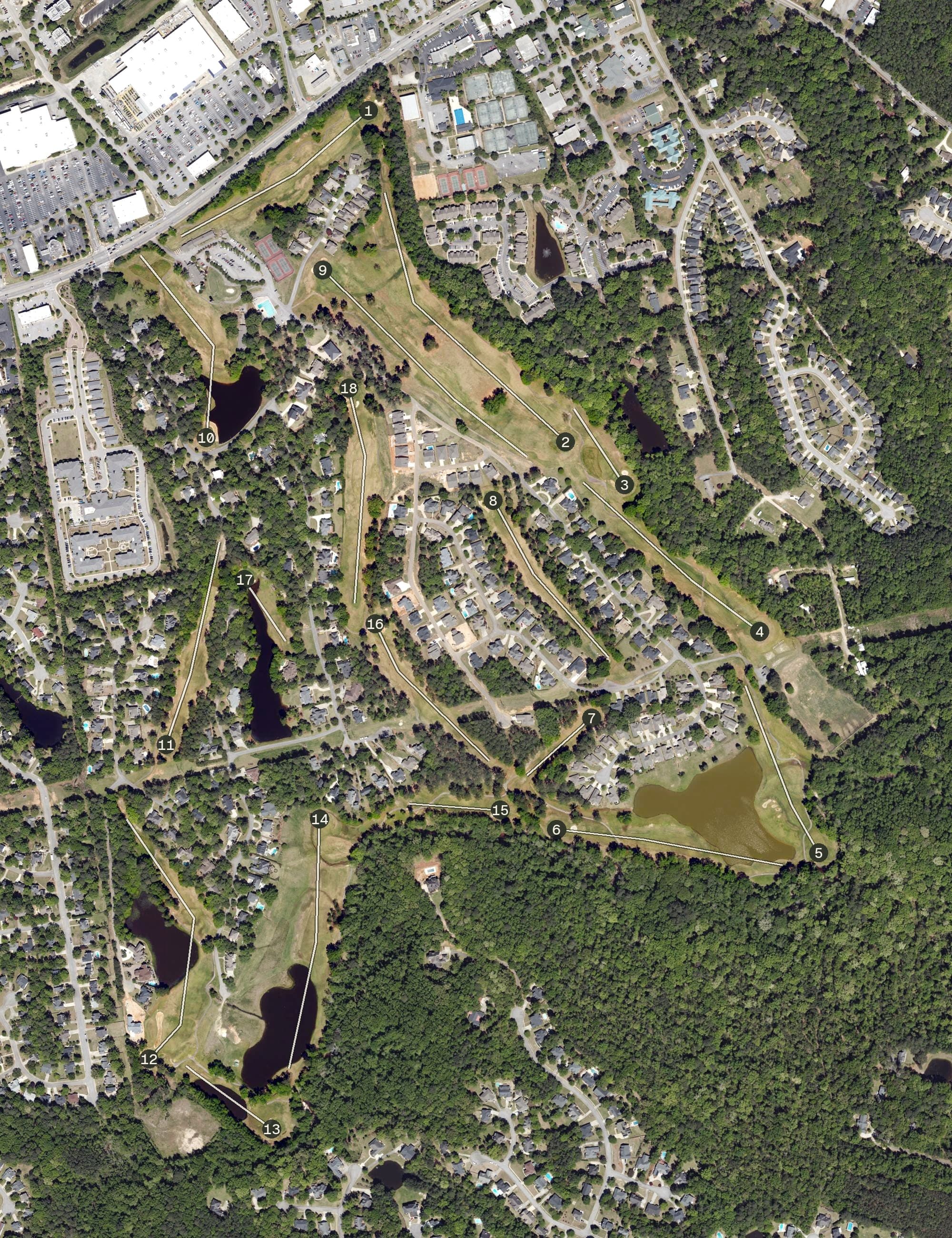 Aerial view of Golden Hills Golf & Country Club, SC, with its hole routing marked