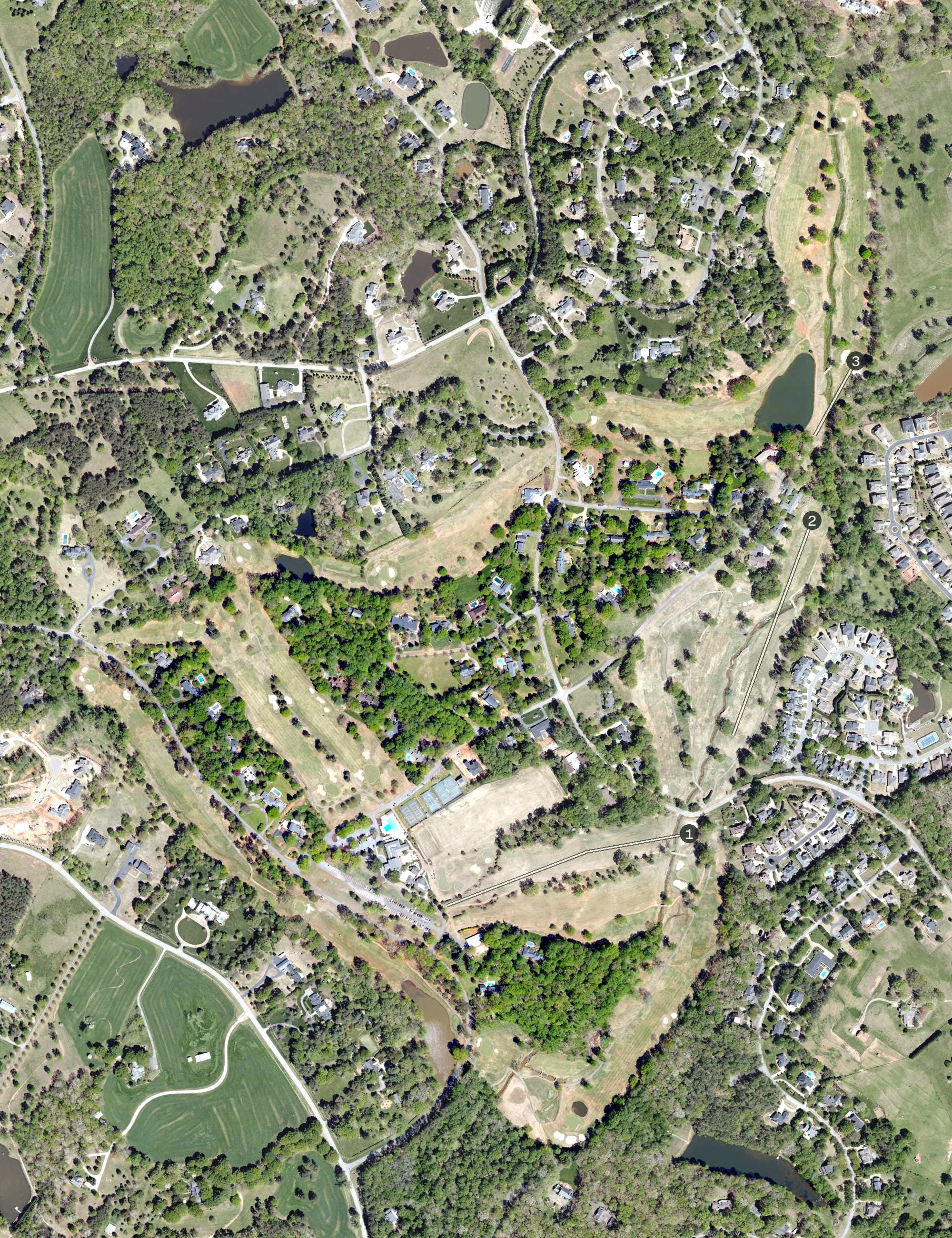 Aerial view of Green Valley Country Club, SC, with its hole routing marked