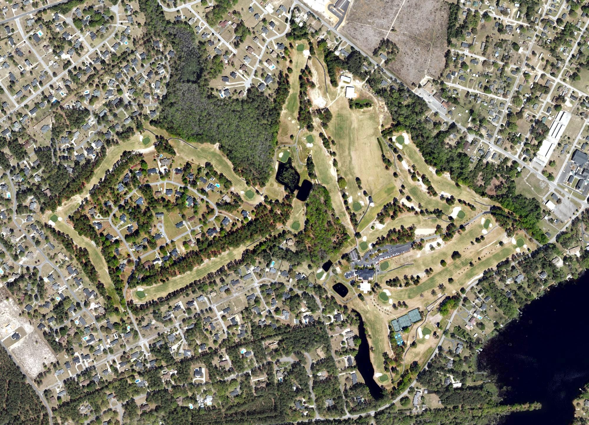 Aerial view of Hartsville Country Club, SC, with its hole routing marked