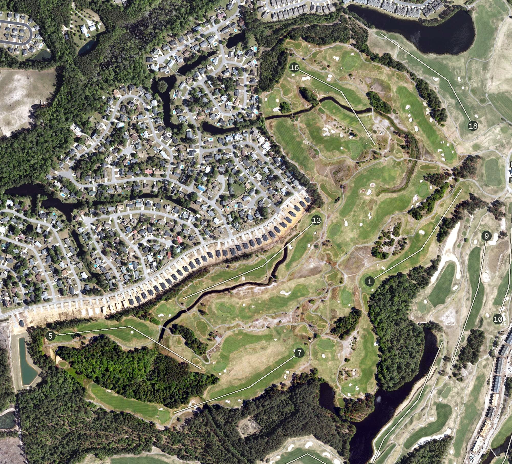 Aerial view of Heathland Golf Course, SC, with its hole routing marked