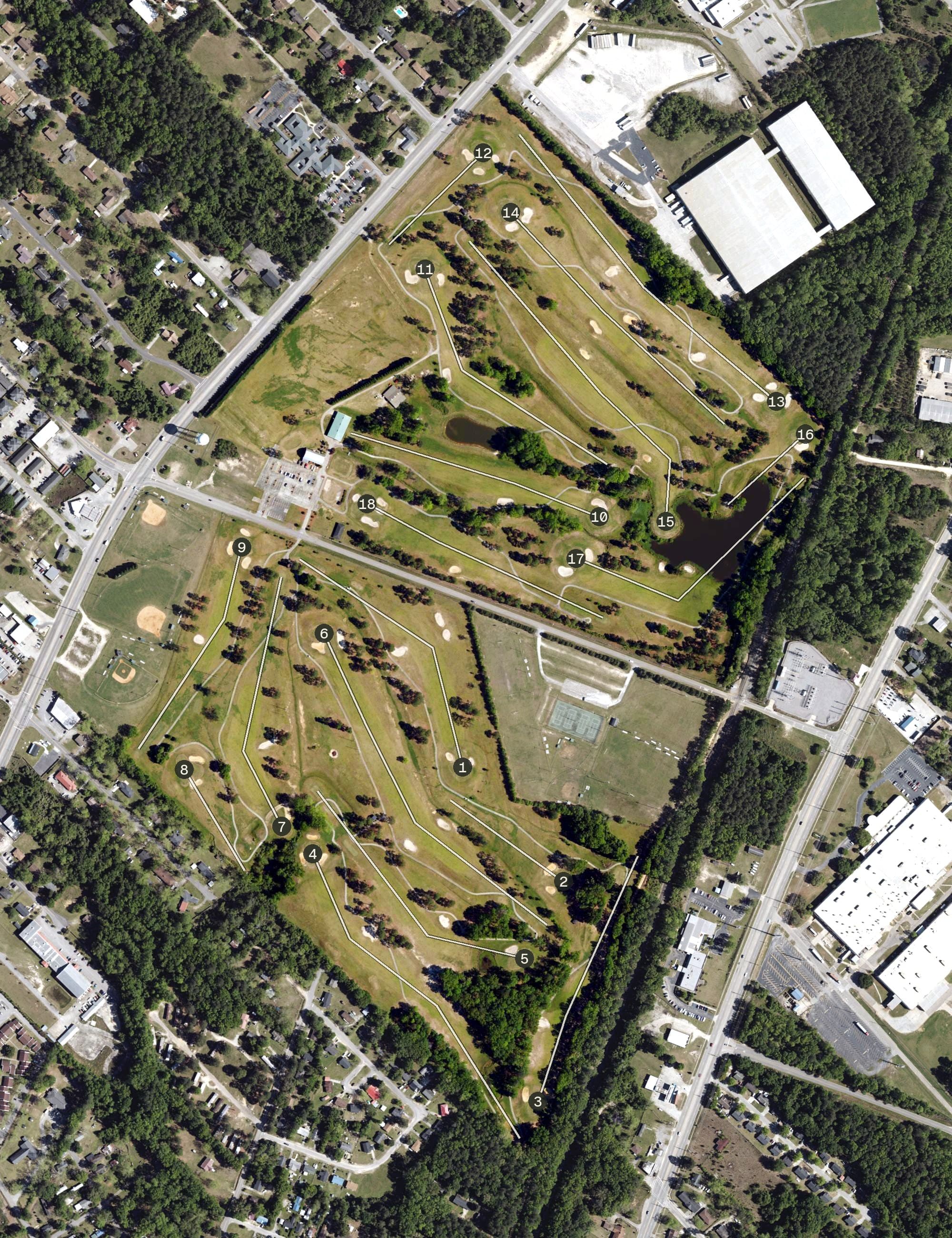 Aerial view of Hillcrest Golf Club, SC, with its hole routing marked