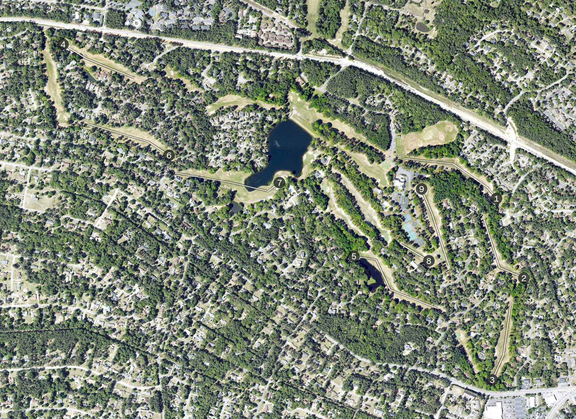 Aerial view of Houndslake Country Club, SC, with its hole routing marked