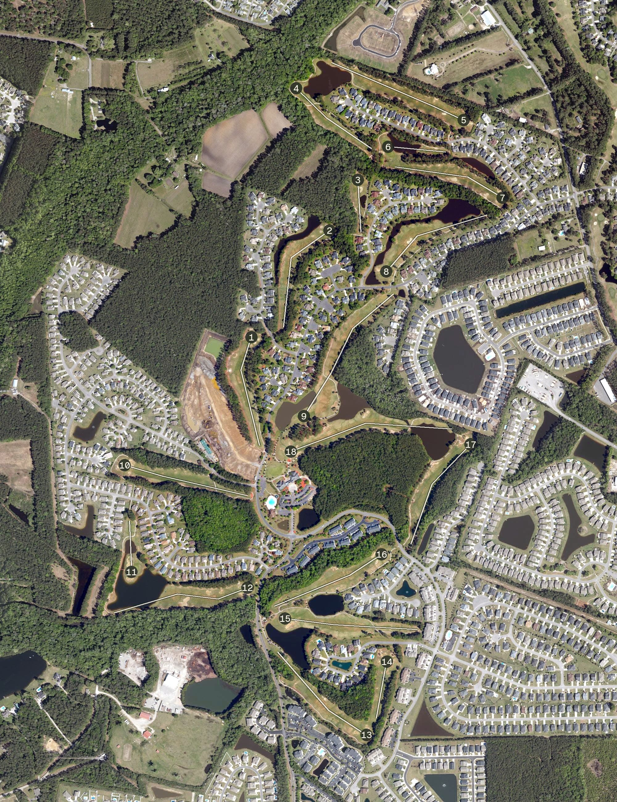 Aerial view of International Club of Myrtle Beach, SC, with its hole routing marked