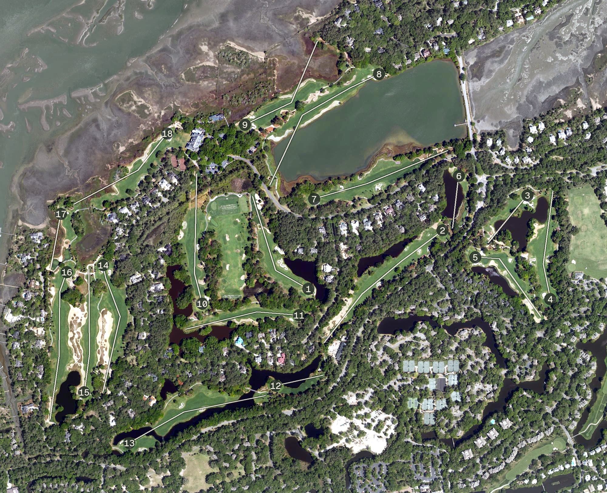 Aerial view of Kiawah Island Club - River Course, SC, with its hole routing marked