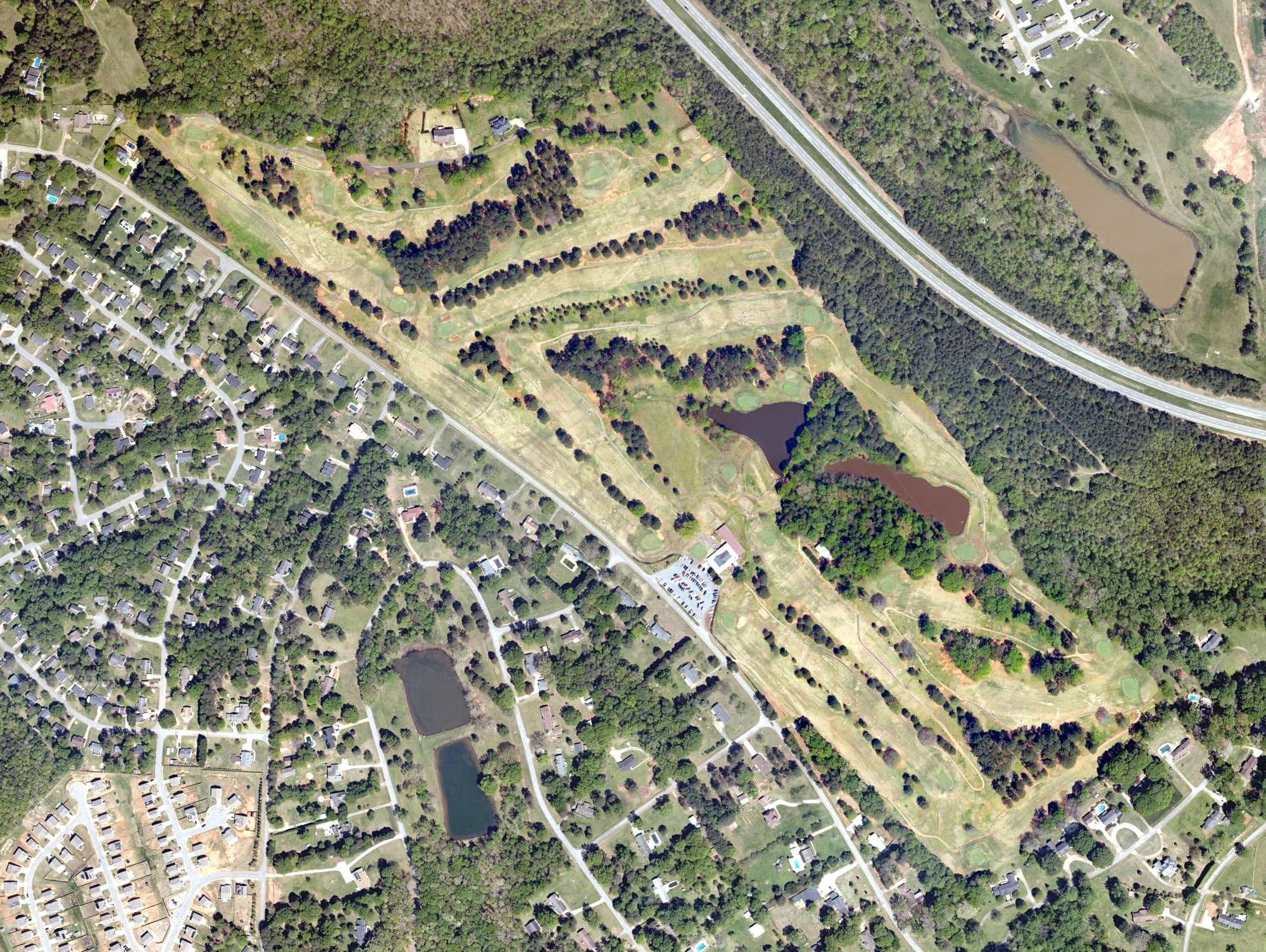 Aerial view of Lakeview Golf Club, SC, with its hole routing marked