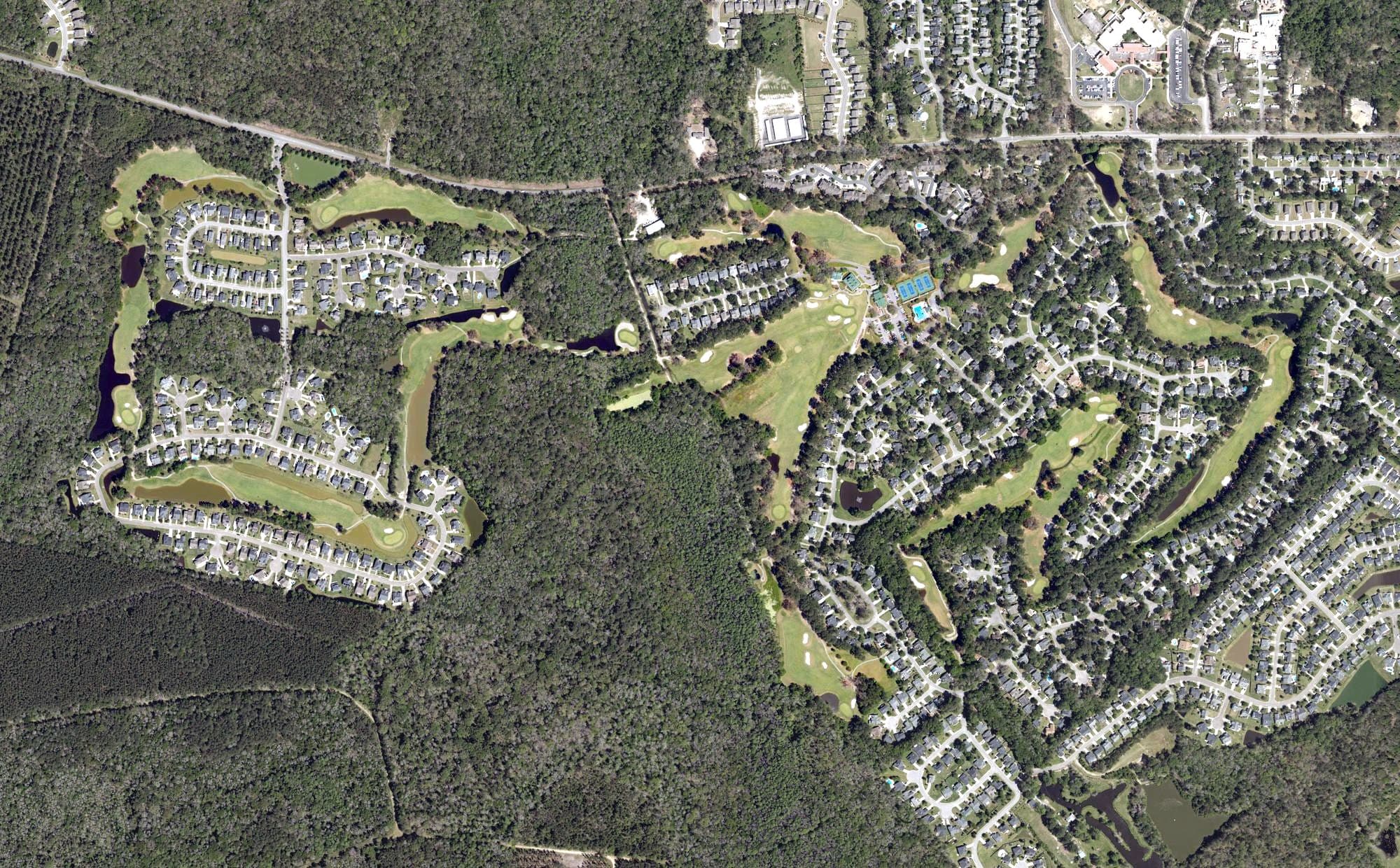 Aerial view of Legend Oaks Golf Club, SC, with its hole routing marked