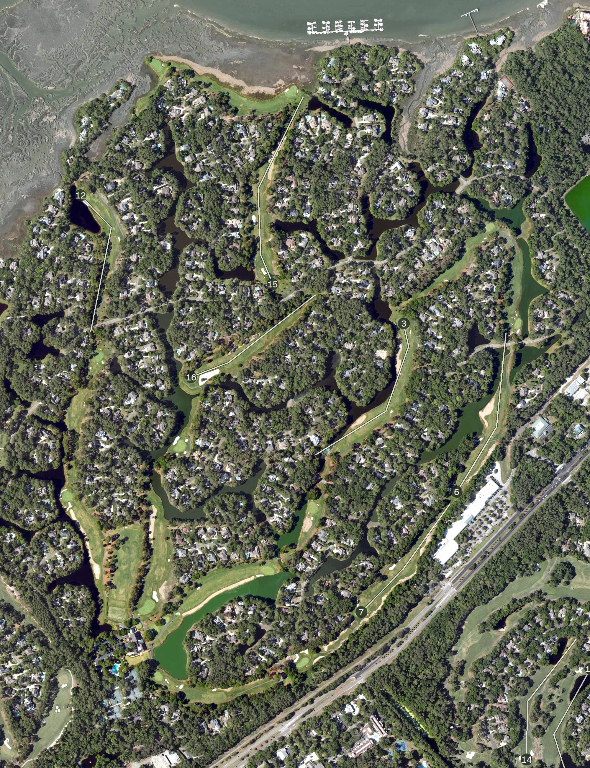 Aerial view of Long Cove Club, SC, with its hole routing marked