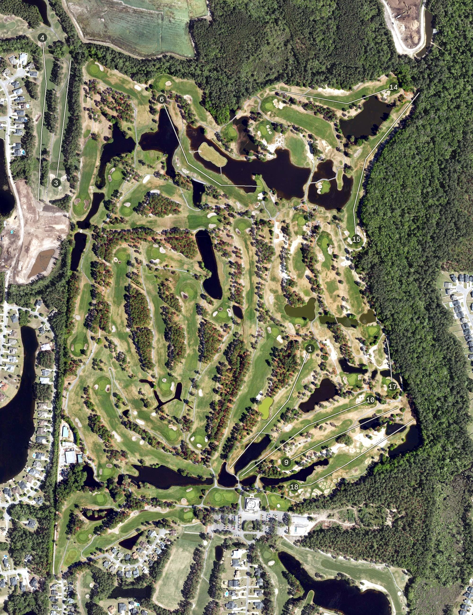 Aerial view of MB National Kings North GC, SC, with its hole routing marked