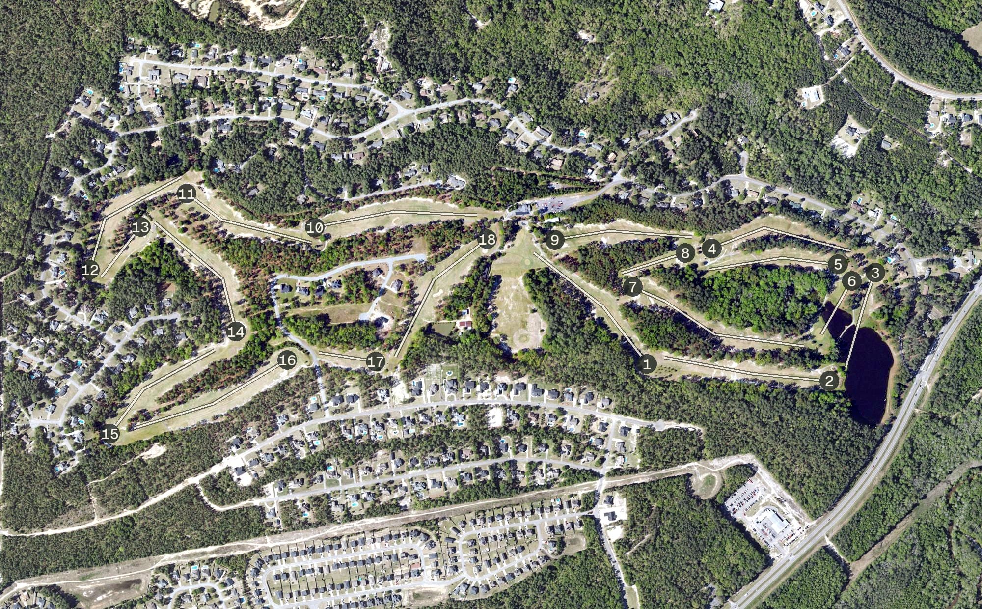 Aerial view of Midland Valley Golf Club, SC, with its hole routing marked