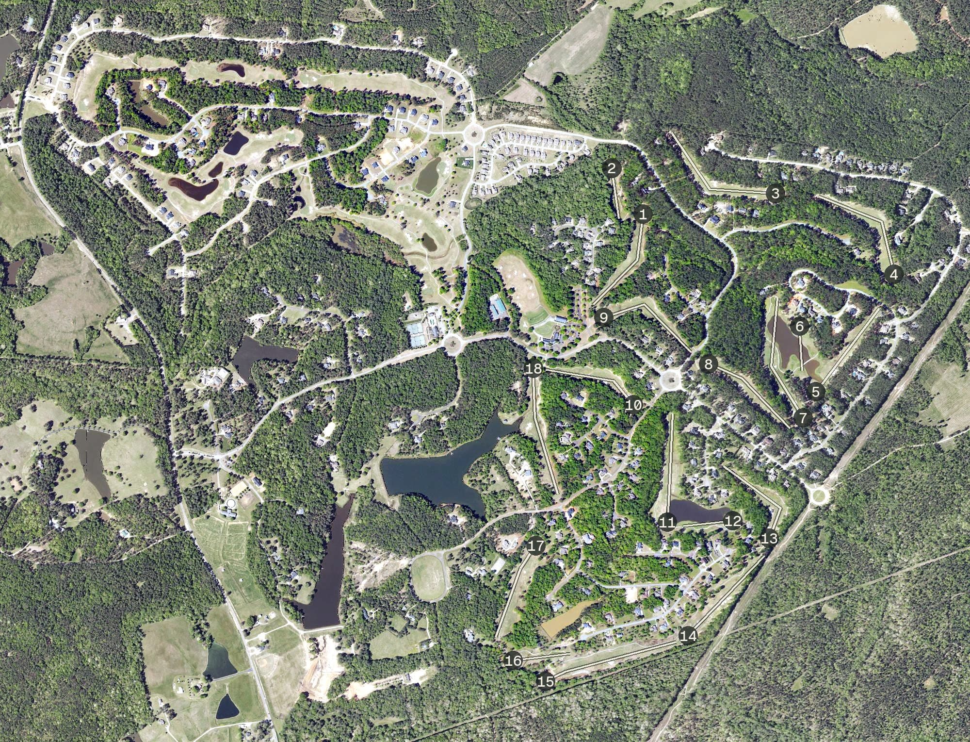 Aerial view of Mount Vintage Golf Course, SC, with its hole routing marked