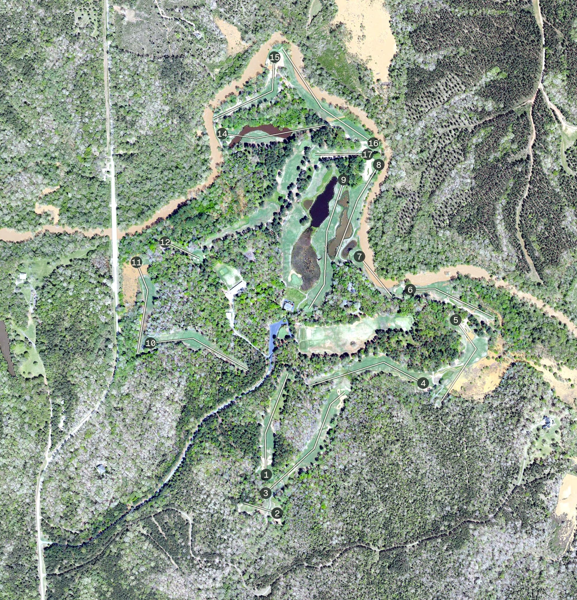 Aerial view of Musgrove Mill Golf Club, SC, with its hole routing marked