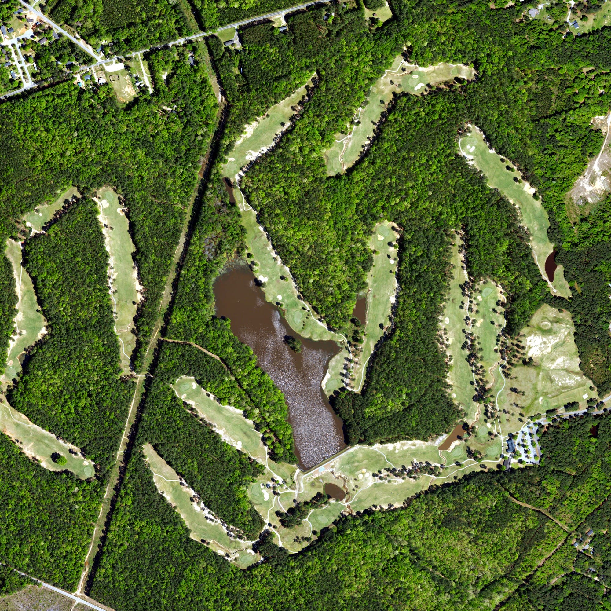 Aerial view of Oak Hills Golf Club, SC, with its hole routing marked