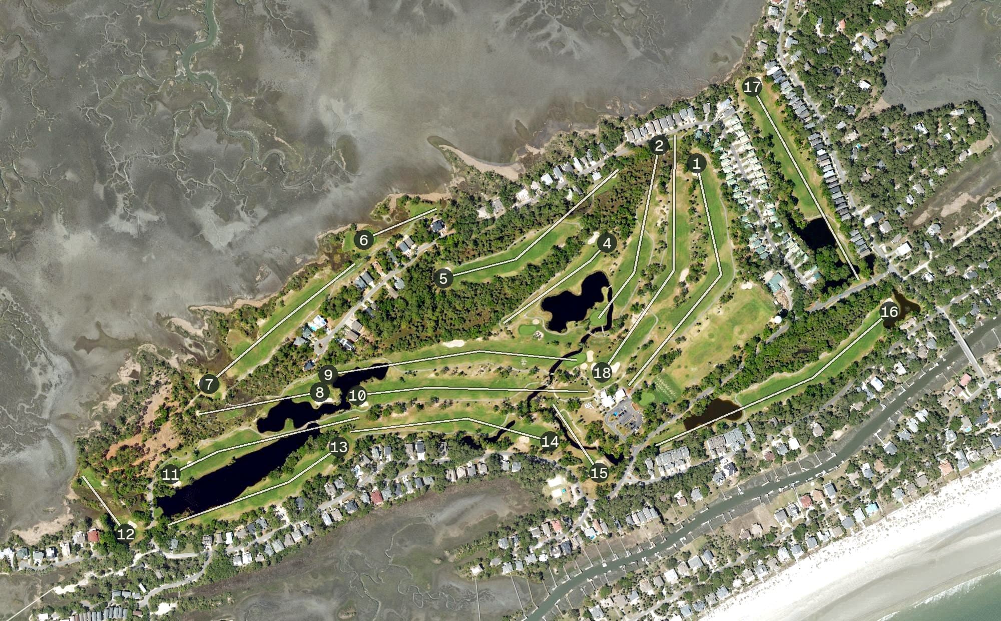Aerial view of Ocean Creek Golf Course, SC, with its hole routing marked