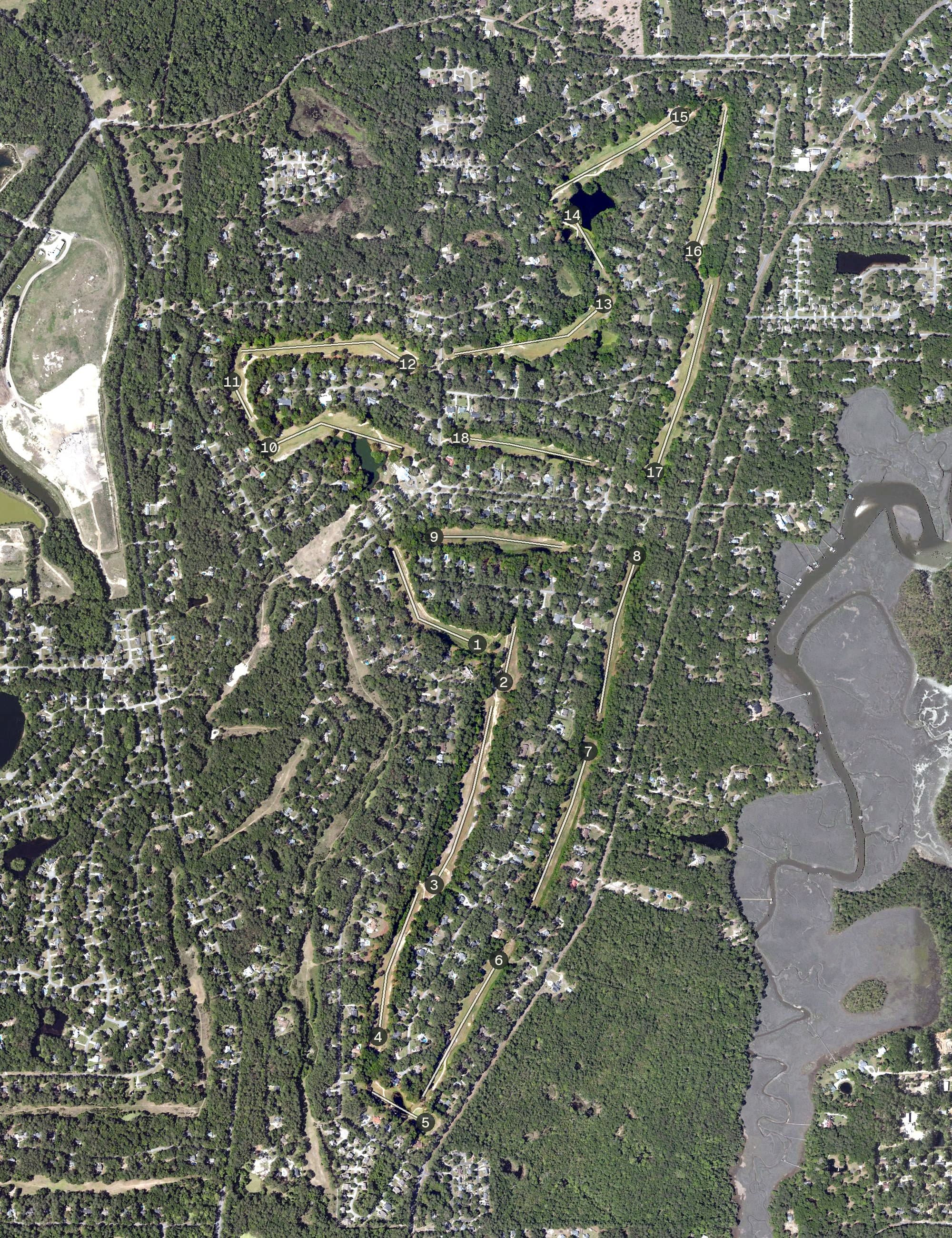 Aerial view of Olde Beaufort Golf Club, SC, with its hole routing marked
