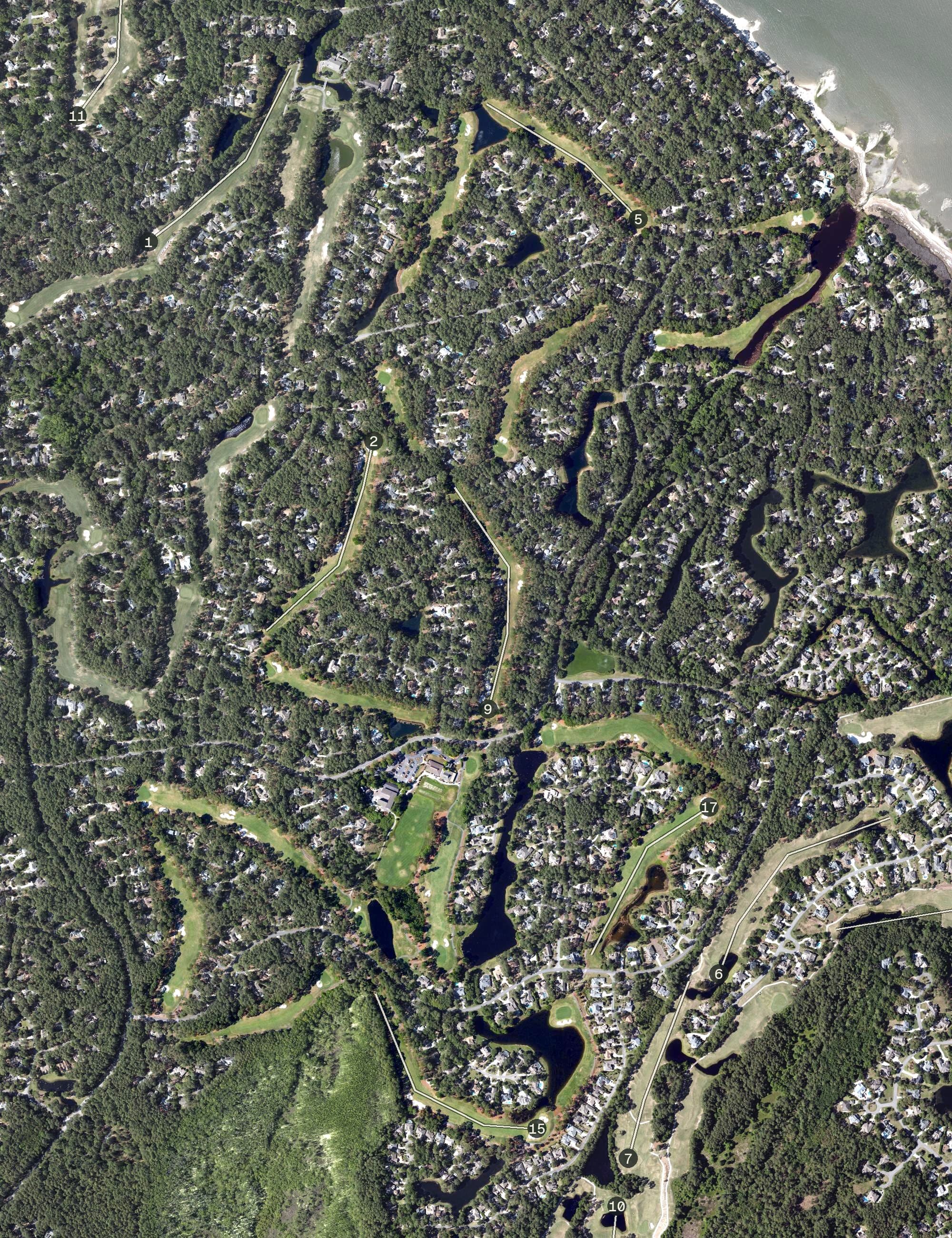Aerial view of Oyster Reef Golf Club, SC, with its hole routing marked