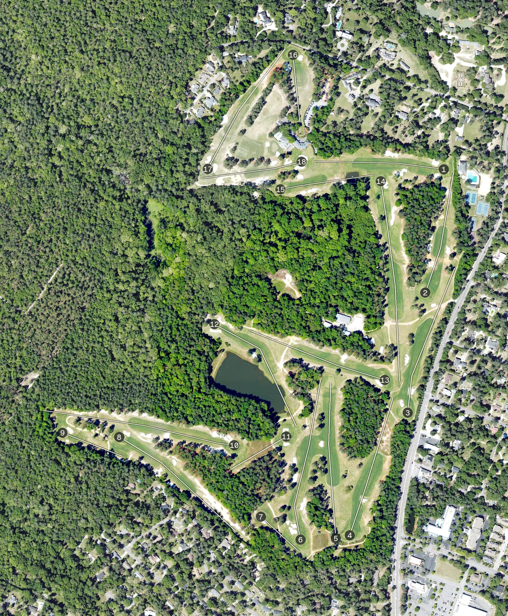 Aerial view of Palmetto Golf Club, SC, with its hole routing marked
